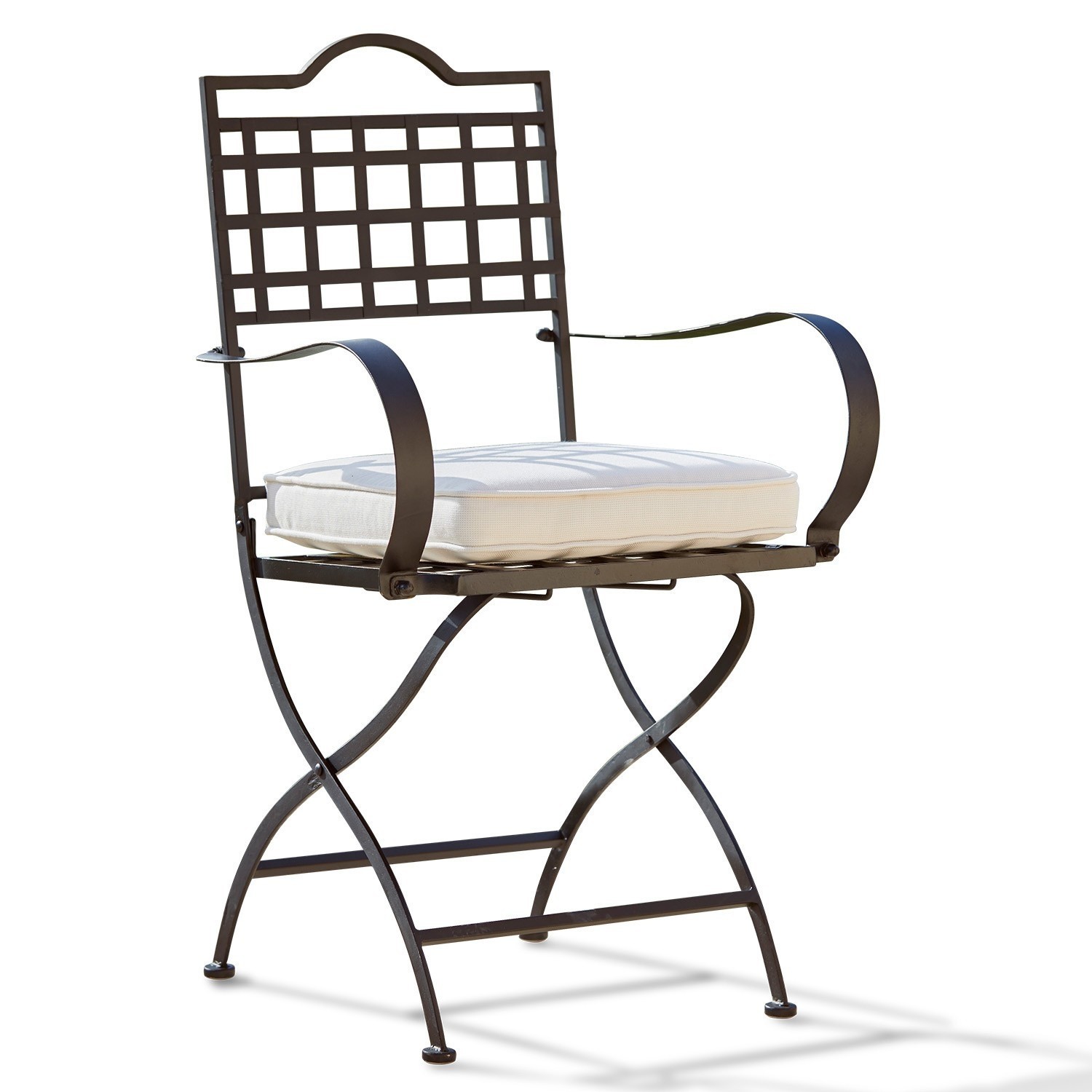 Stuhl Tharot Gartenstuhl aus braunem Metall mit weißem Sitzkissen, ideal für Outdoor-Möbel