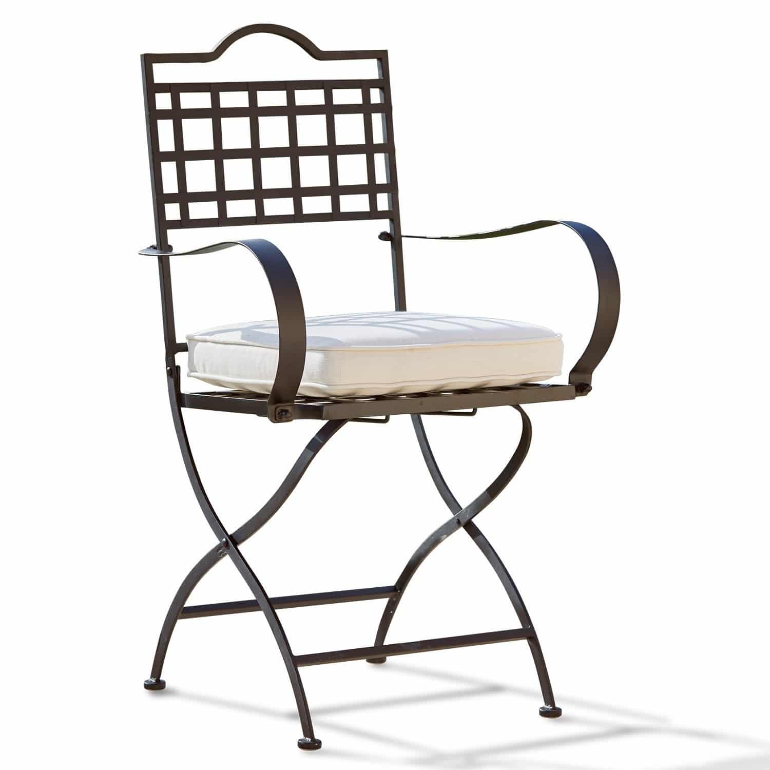 Stuhl Tharot Gartenstuhl aus braunem Metall mit weißem Sitzkissen, ideal für Outdoor-Möbel