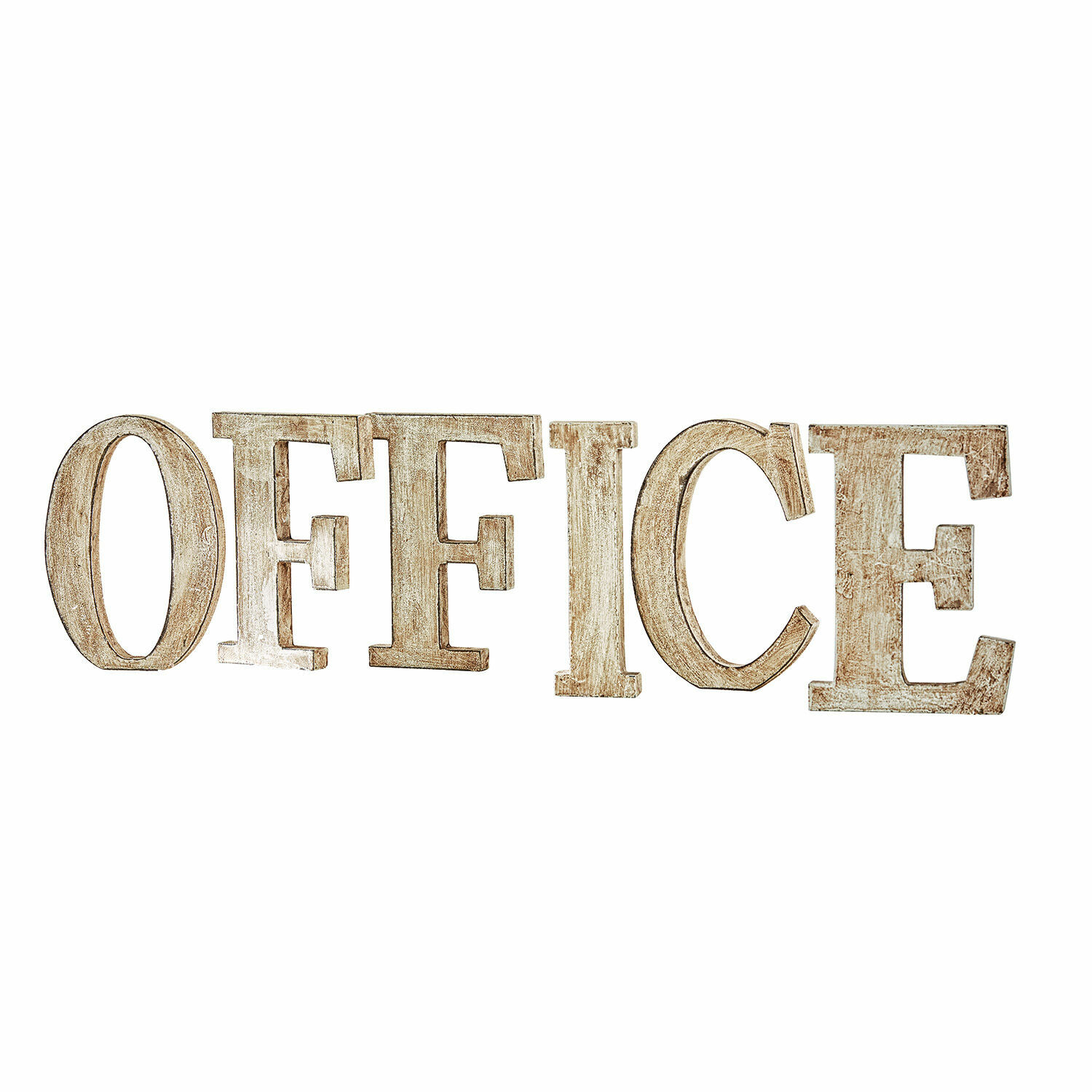 Dekorative Holzbuchstaben in gealtertem Beige bilden das Wort OFFICE für Bürodekoration