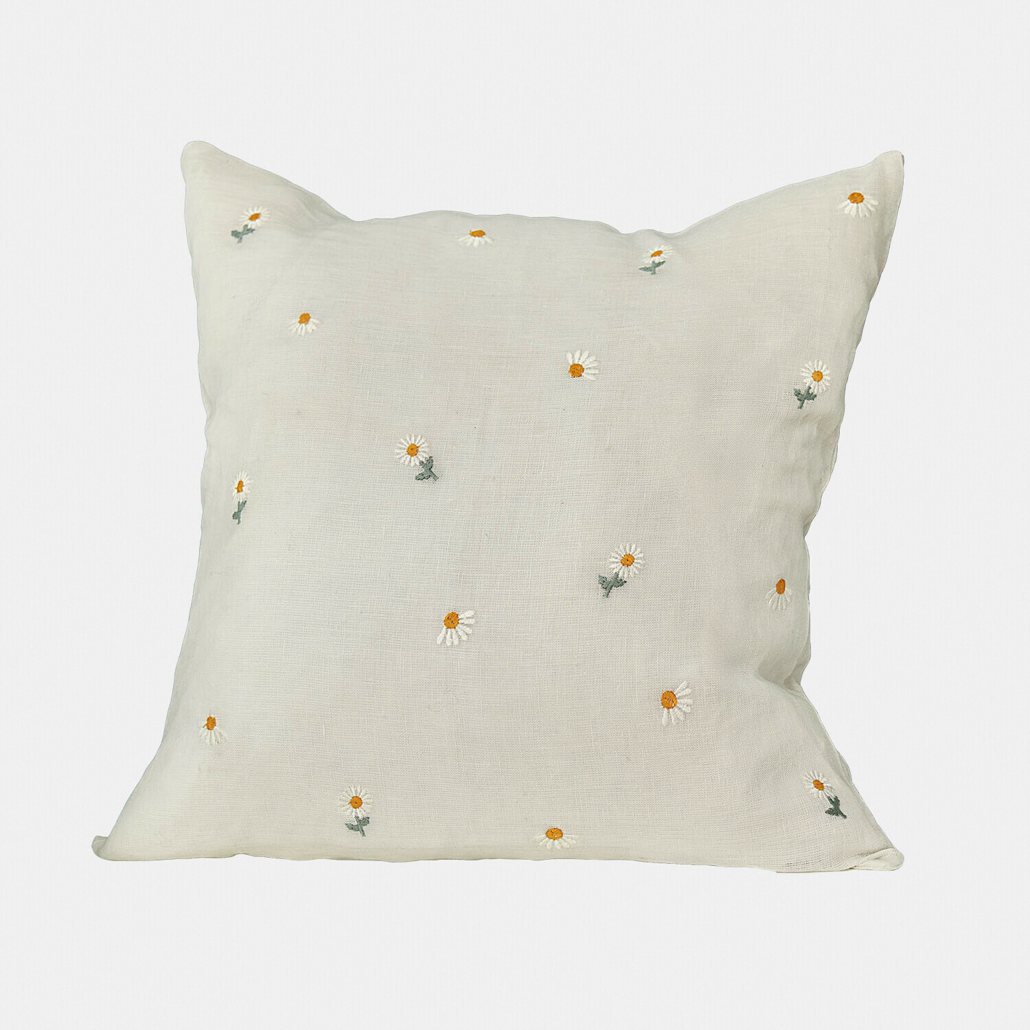 Kissenhülle Poppeline Beiges Leinenkissen mit bestickten weißen und gelben Gänseblümchen, dekoratives Wohnaccessoire