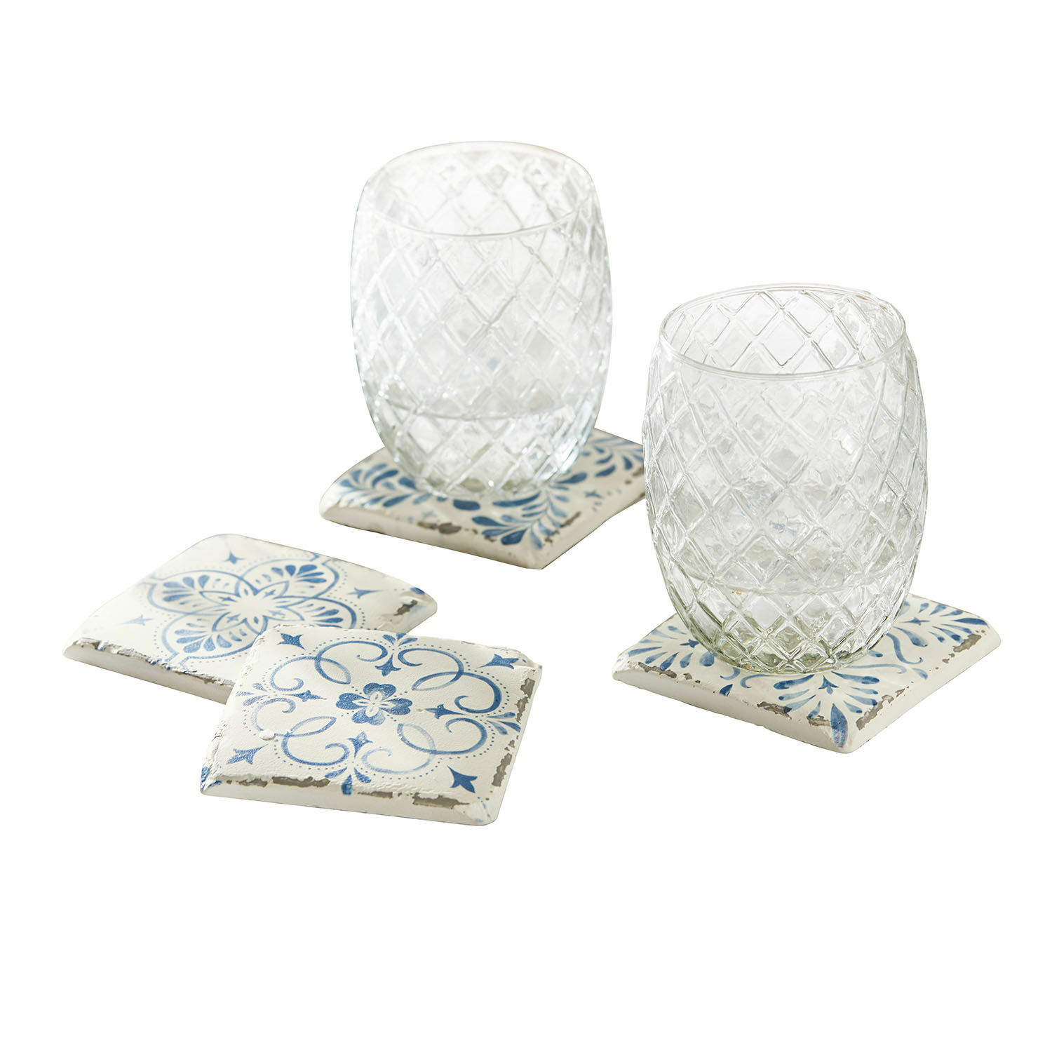 Untersetzer 4er Set Évry Set aus weißen und blauen Keramikuntersetzern mit dekorativem Muster, ideal für Zuhause