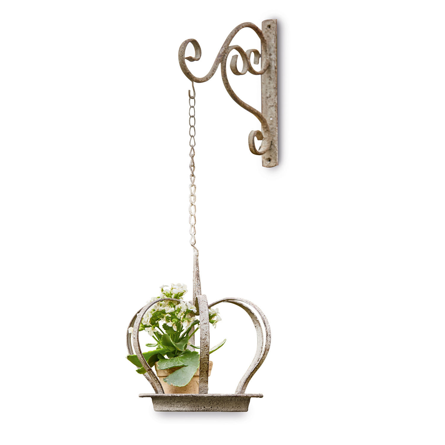 Wandhängender Metall-Blumenhalter in Kronenform mit grünem Pflanzentopf in antikem Silber