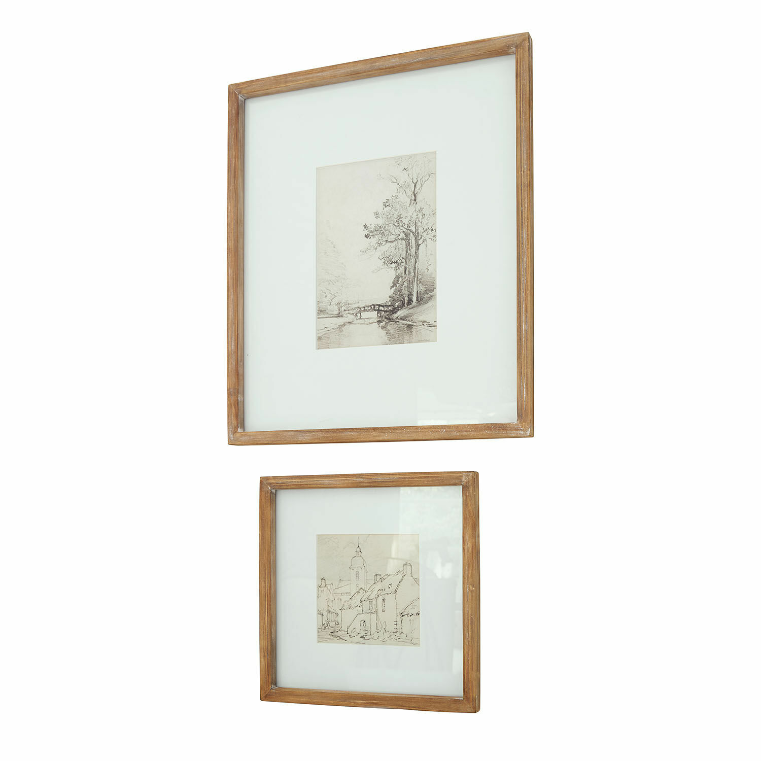 Bild 2er Set Juvarel Zwei Holzrahmen mit weißem Passepartout und Vintage-Skizzen von Landschaften als Wanddeko