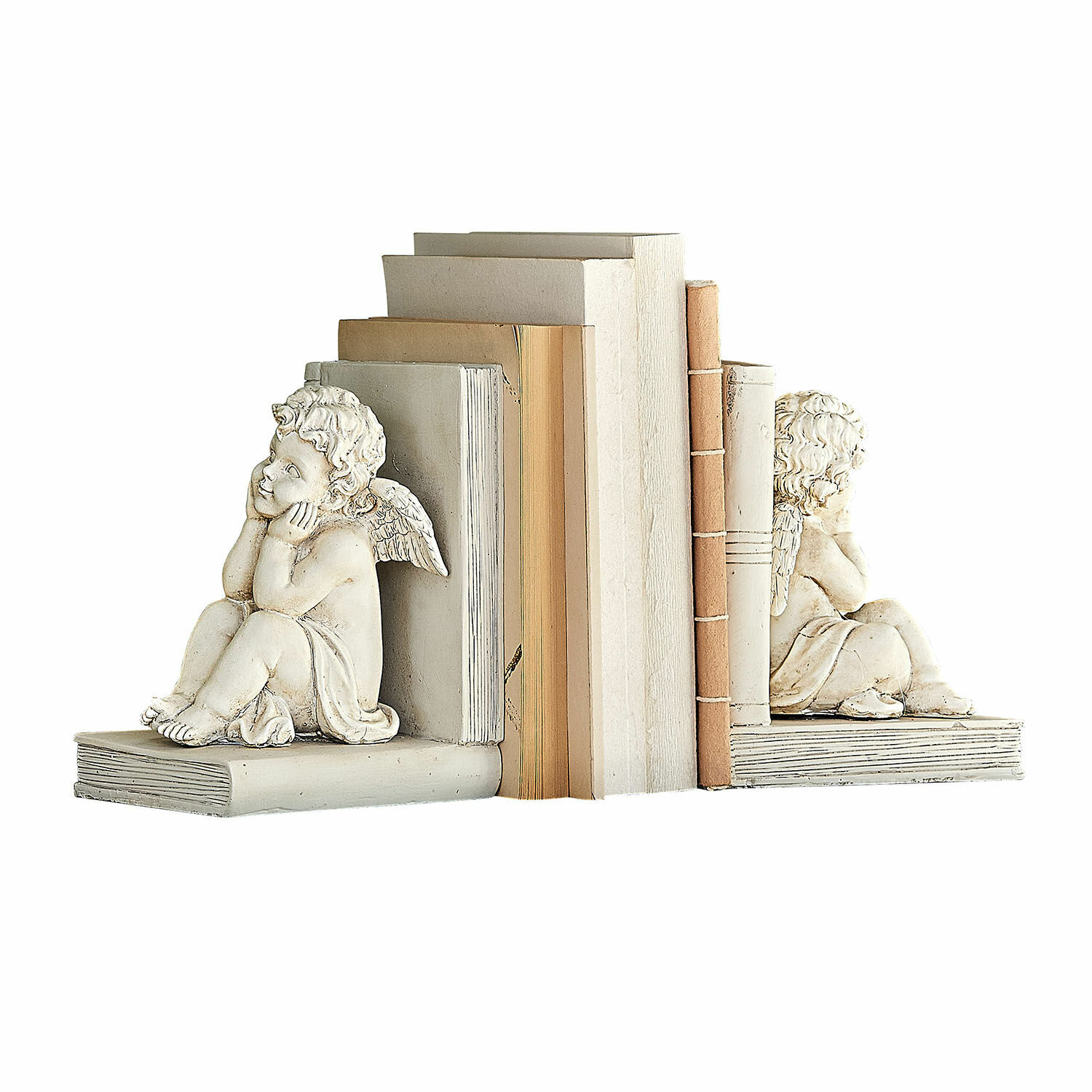 Buchstütze 2er Set Yrene Weiße Buchstützen aus Stein mit Engelfigur, dekorativ und praktisch zur Buchorganisation
