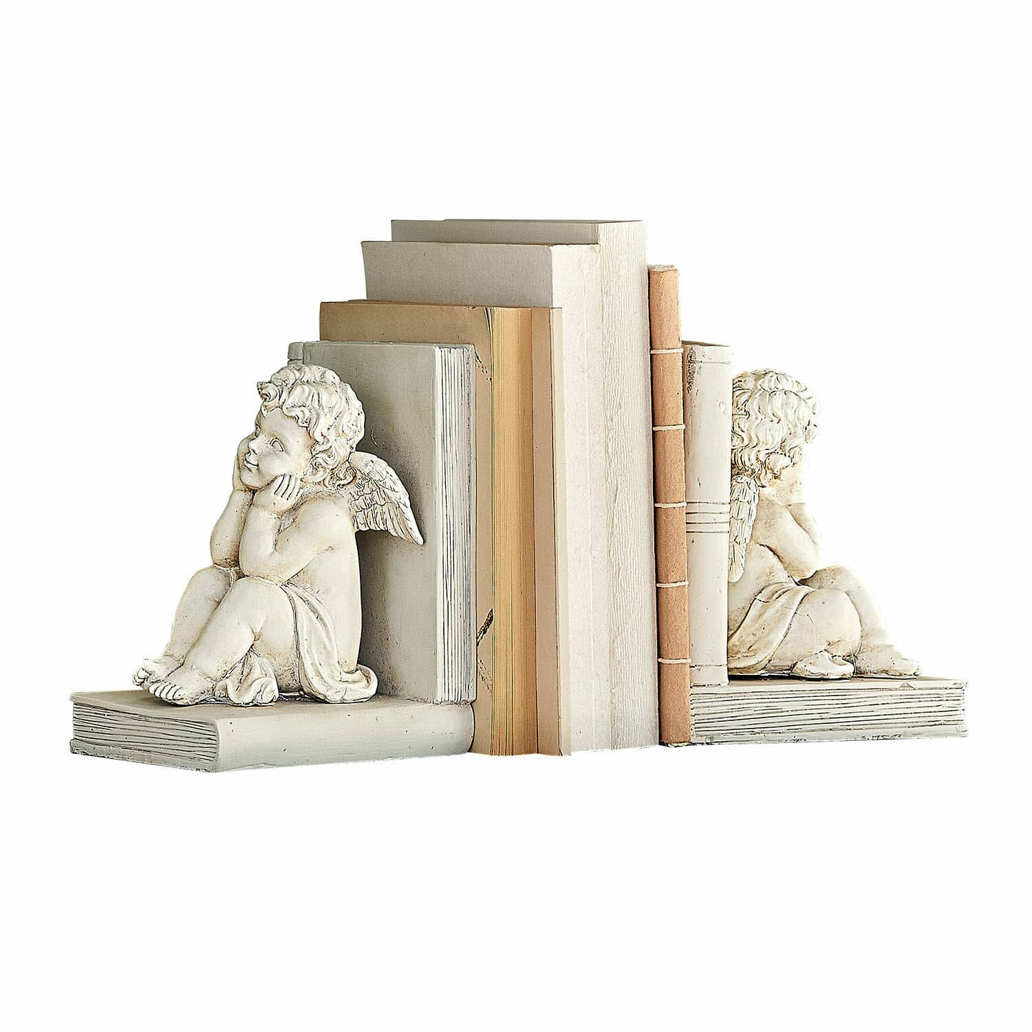 Buchstütze 2er Set Yrene Weiße Buchstützen aus Stein mit Engelfigur, dekorativ und praktisch zur Buchorganisation