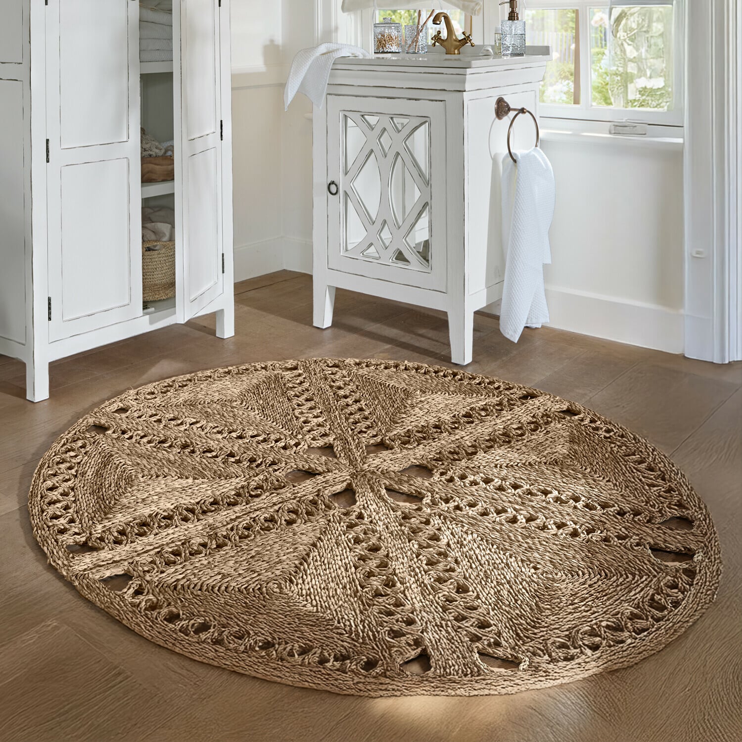 Teppich Penwicks Runder Teppich aus natürlichem beige Seil, dekorativ und langlebig für Wohn- oder Badezimmer
