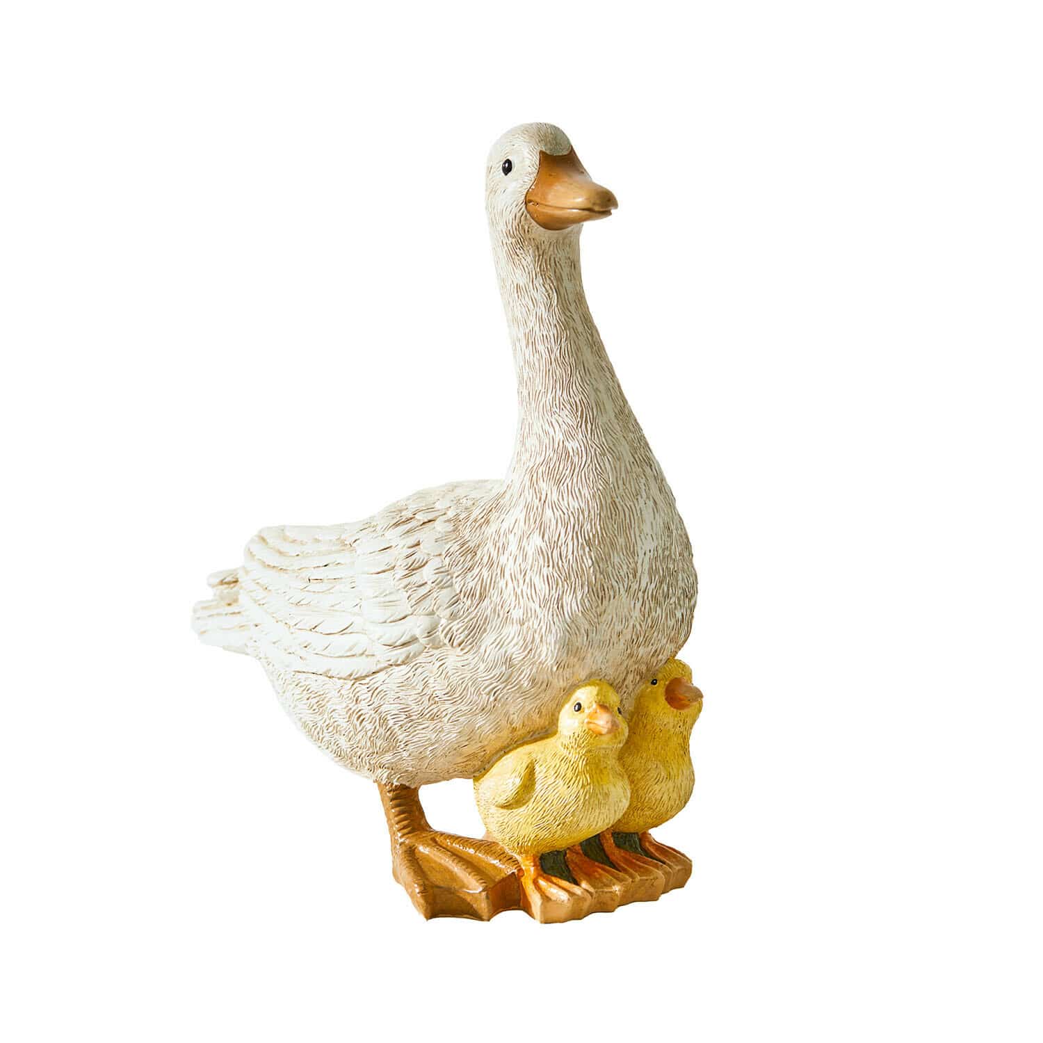 Deko-Gans Sunnyo Kunststofffigur einer weißen Ente mit zwei gelben Küken, dekorative Gartendekoration