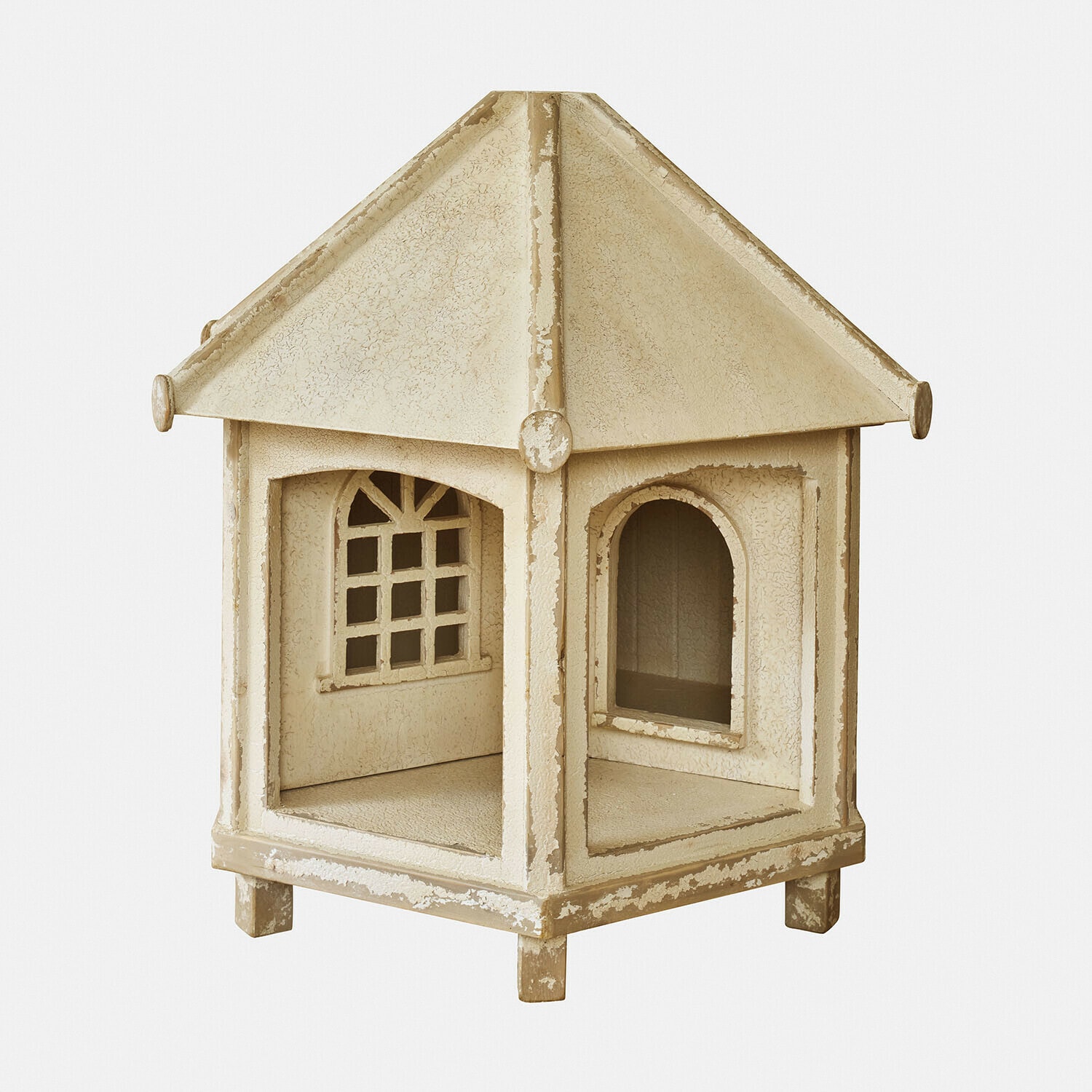Katzen-Gartenhaus Alvérine Beige Metall-Gartenlaterne in Hausform mit Fenstern und Dach, dekorative Außenbeleuchtung