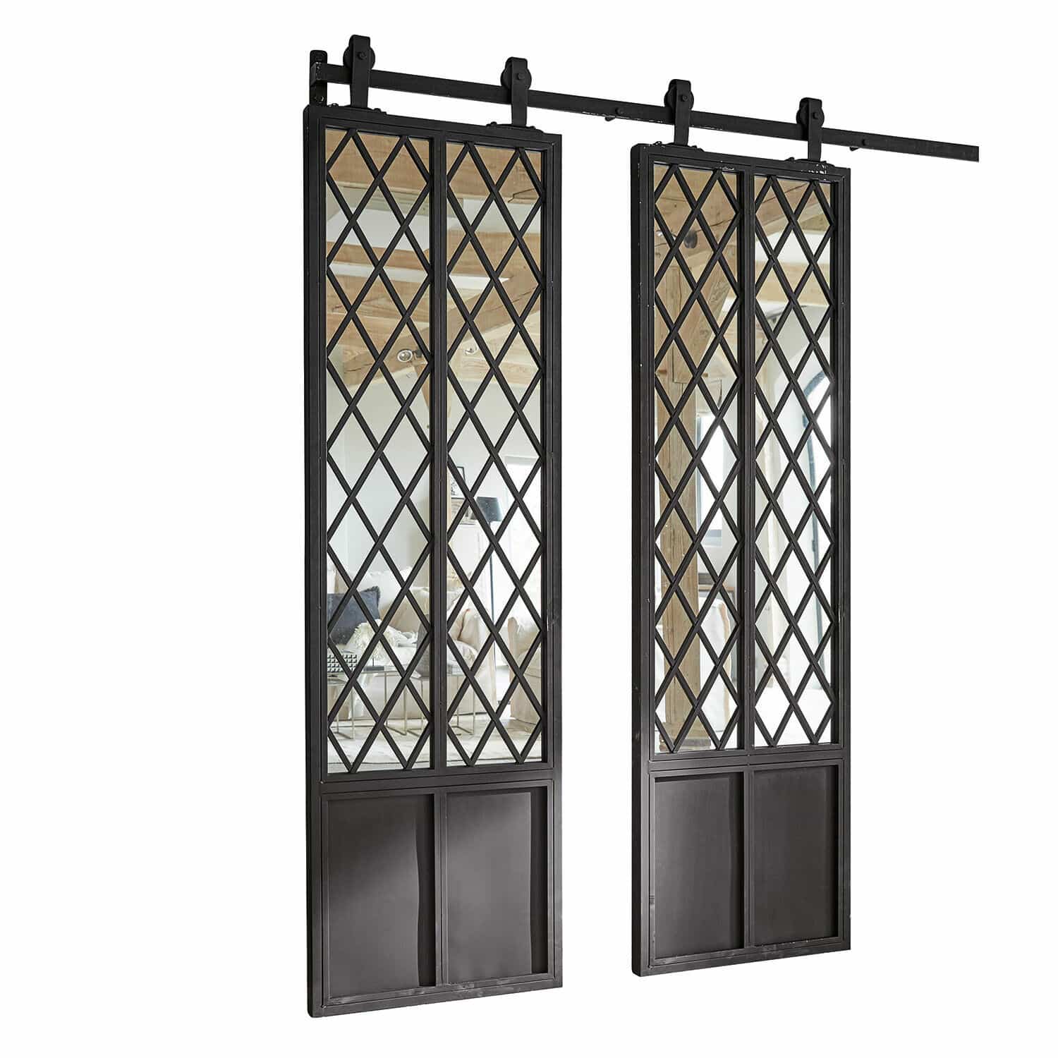 Schwarze Metall-Schiebetüren mit Spiegel und Rautenmuster, modernes Design für Innenräume