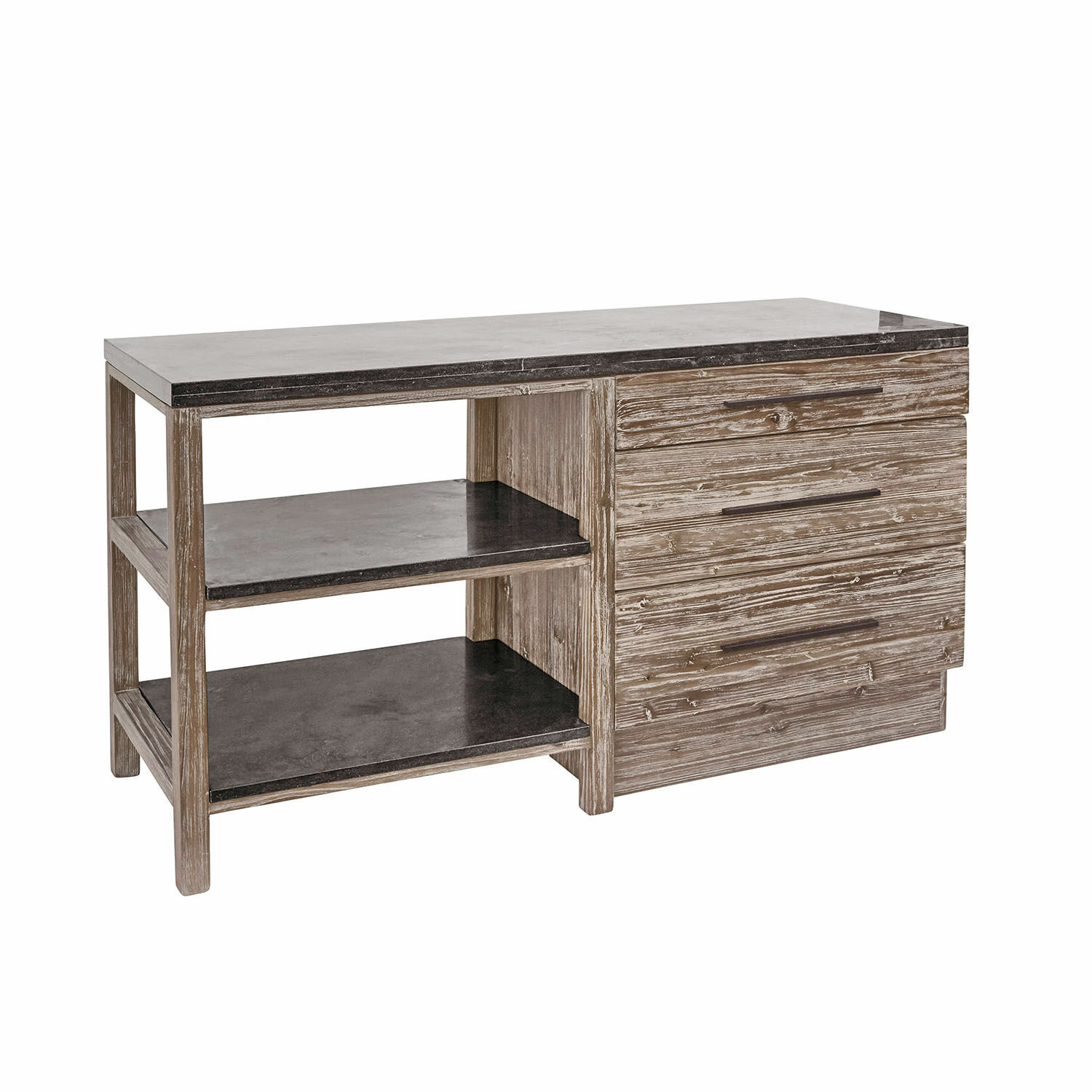 Kommode aus Holz und grauem Stein mit offenen Regalen und Schubladen zur Aufbewahrung