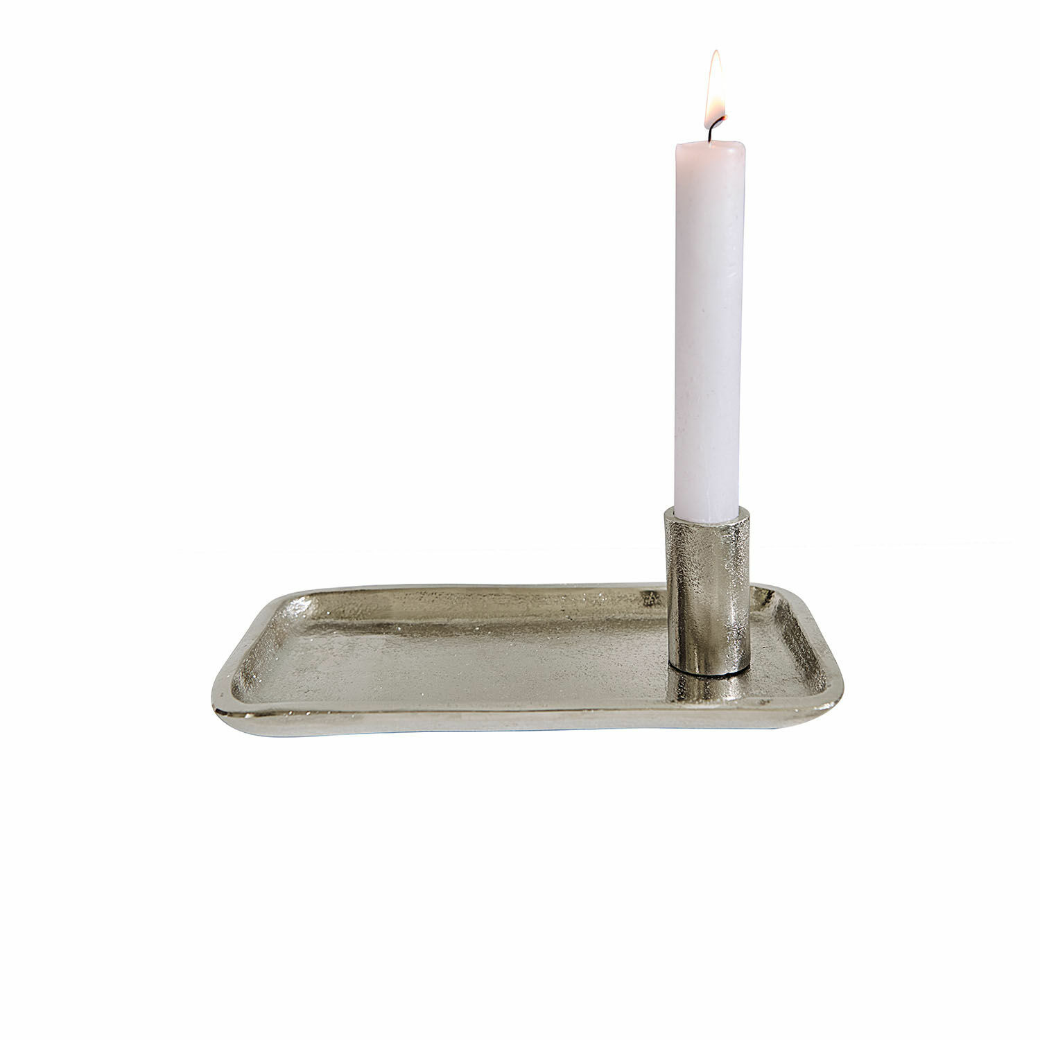 Kerzentablett Estanora Silberner Metall-Kerzenhalter mit rechteckigem Tablett und weißer Kerze, Wohnaccessoire