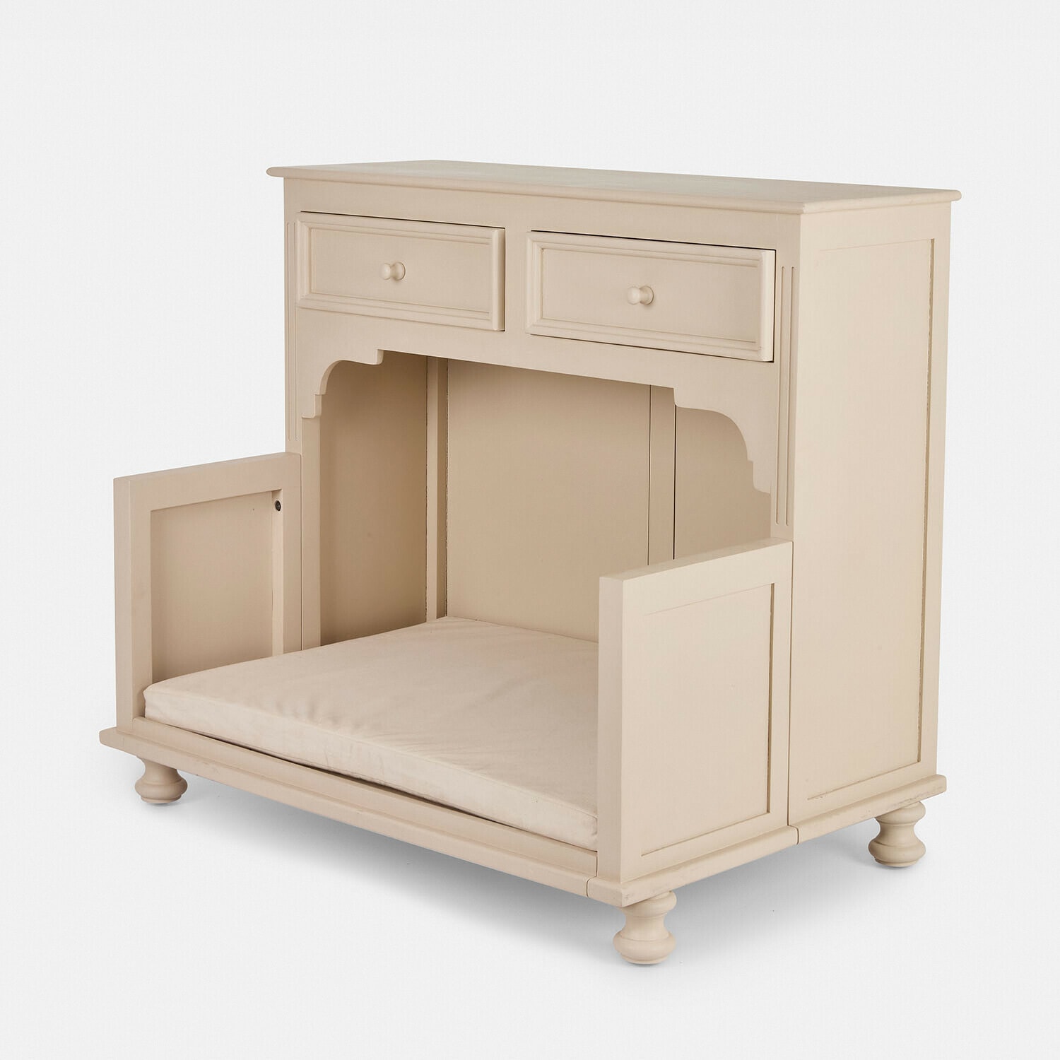 Hundebett Galivonne Beige lackierter Holzschrank mit zwei Schubladen und offener Sitzfläche mit Polster