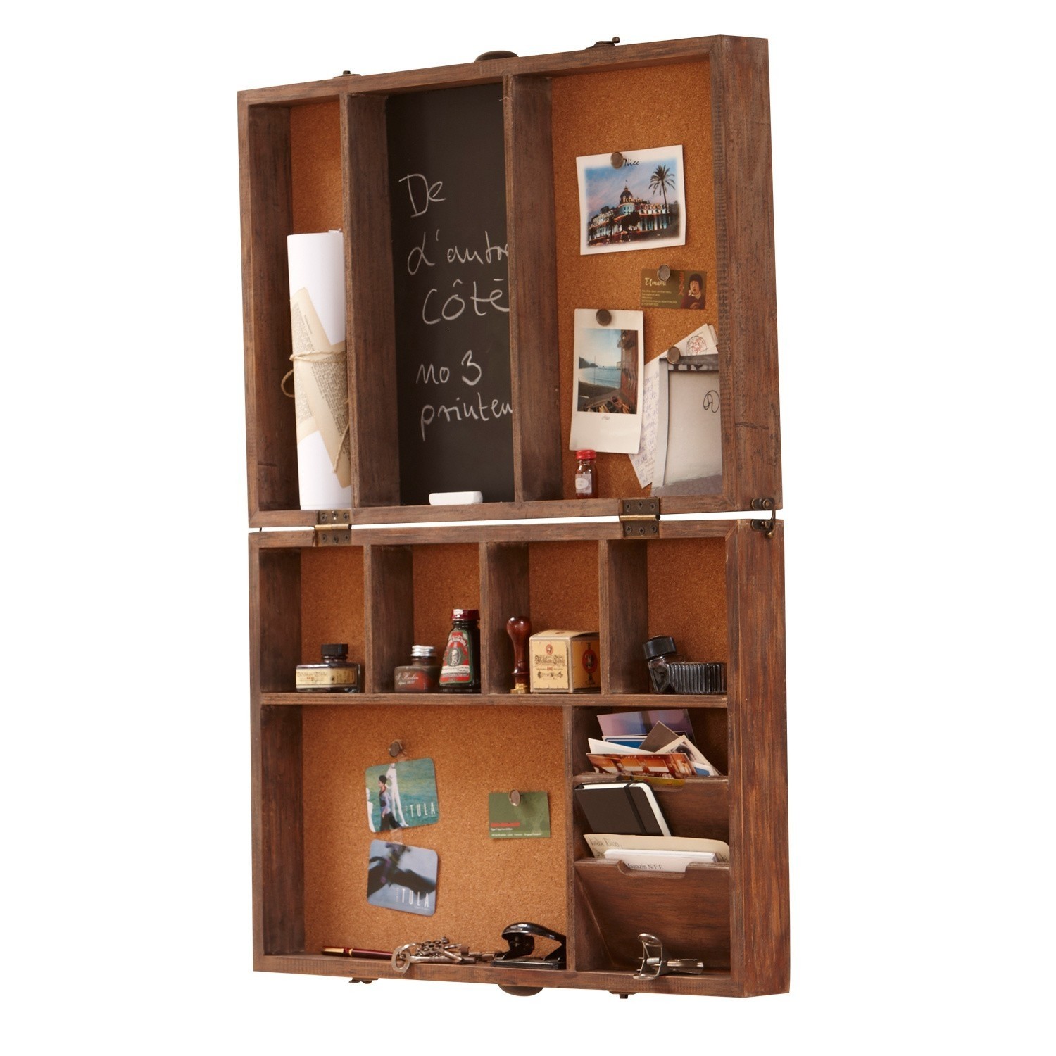 Holz-Organizer mit Kork- und Tafelfläche, vintage Wanddeko für Notizen und Fotos