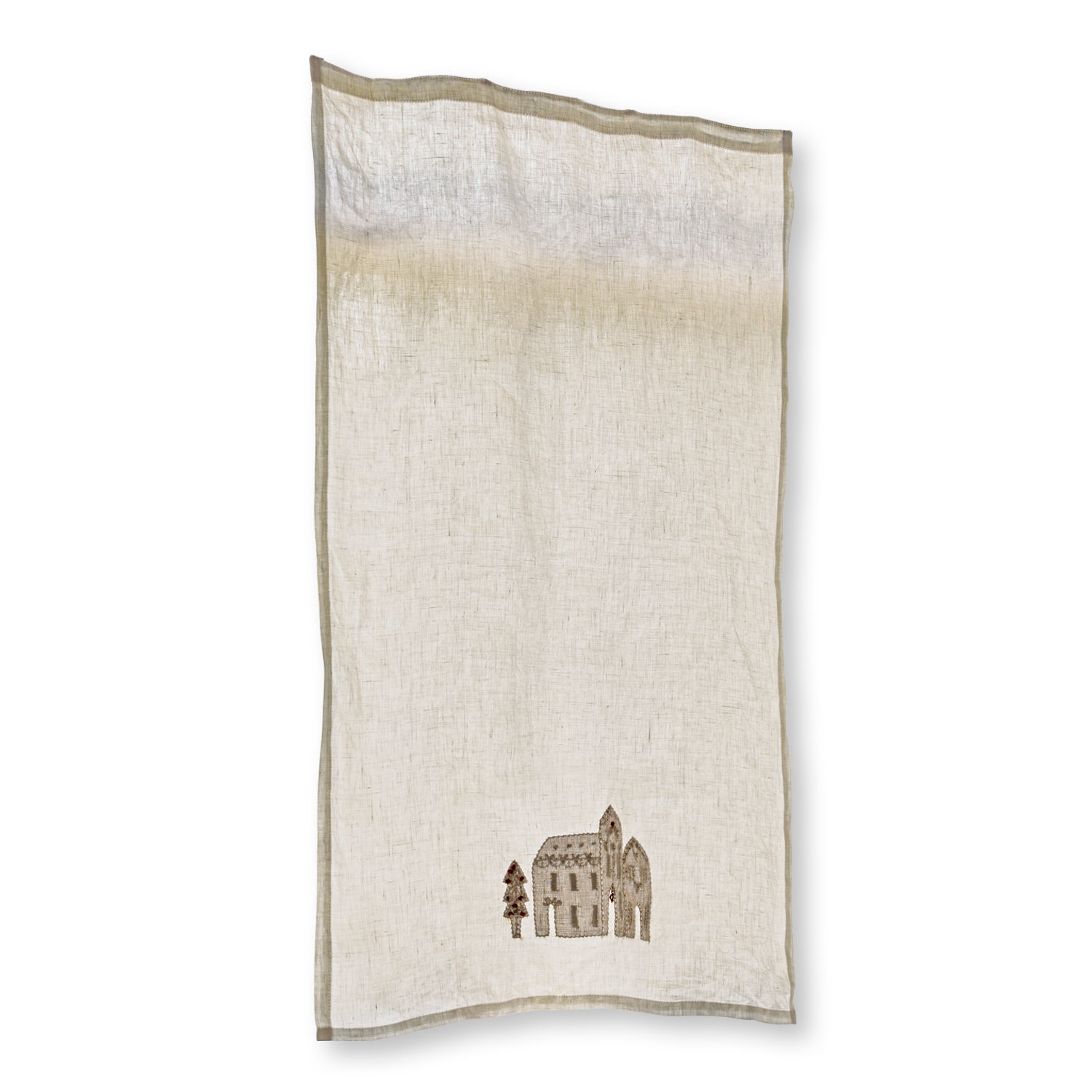 Beige Leinentischdecke mit feiner Haus- und Baum-Stickerei, rustikales Tischdekor
