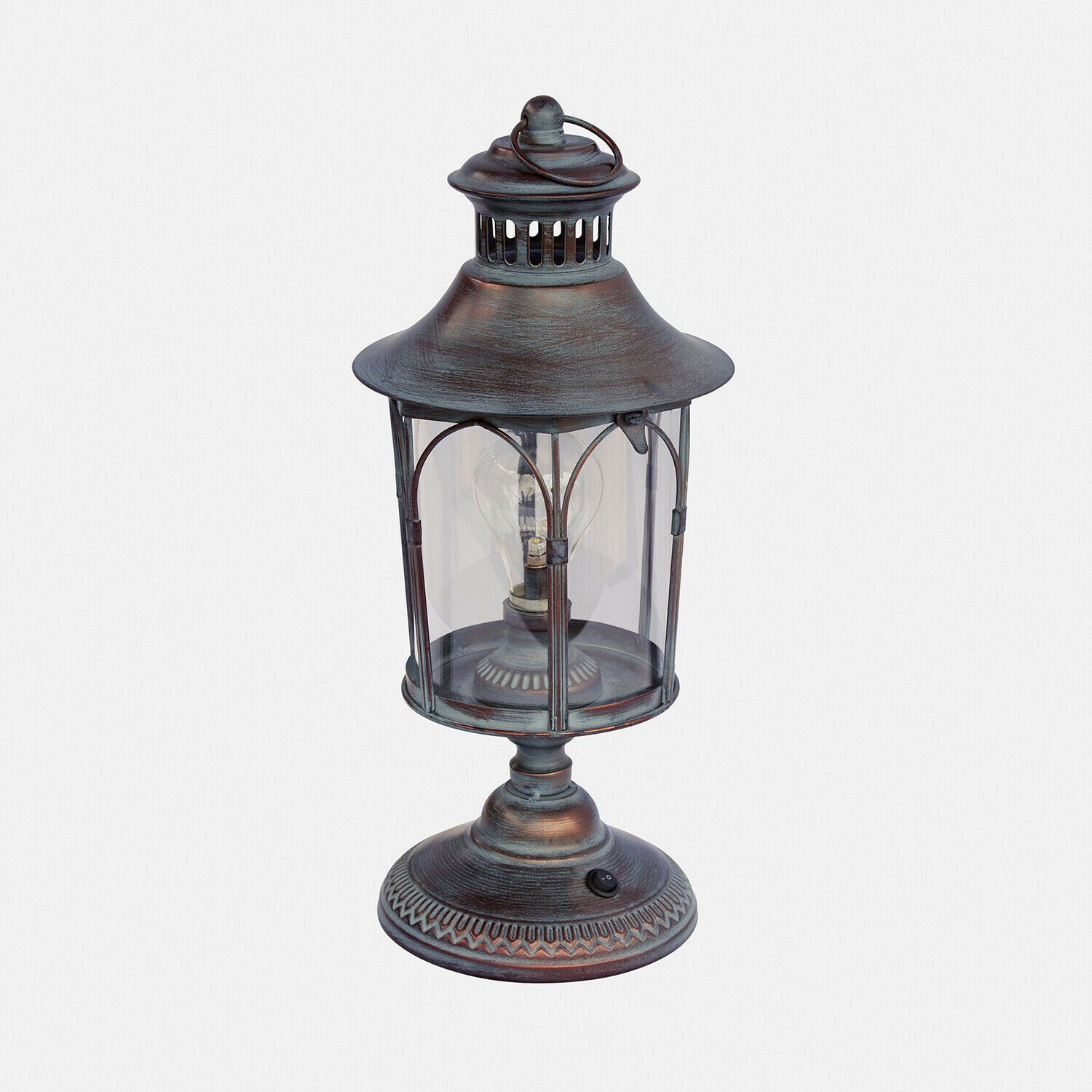 Metall-Tischlampe im Laternenstil mit klarem Glas und Schalter, patinierte bronzefarbene Oberfläche