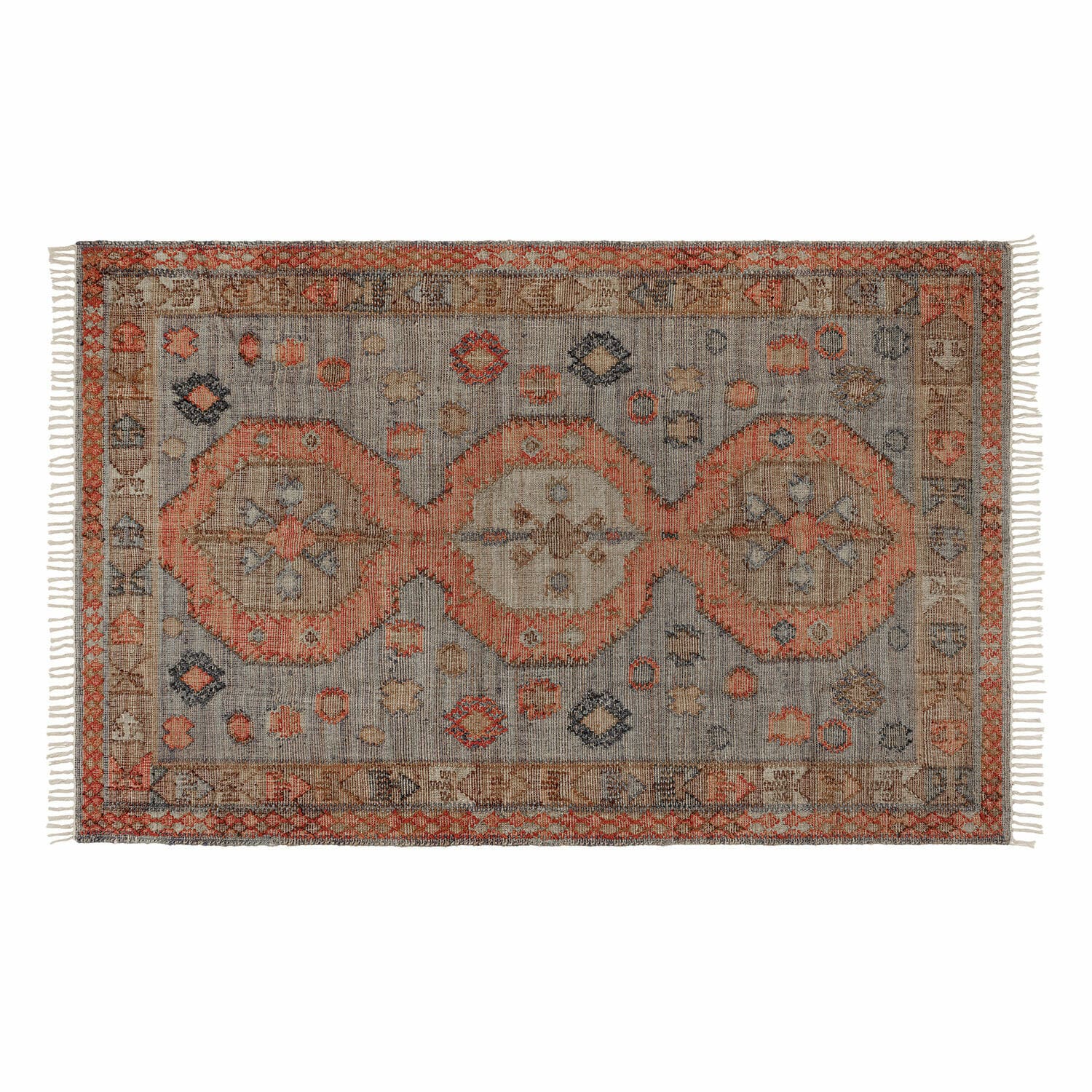 Teppich Exeter Vintage Teppich mit grauen und orangefarbenen Mustern und Fransen an den Seiten