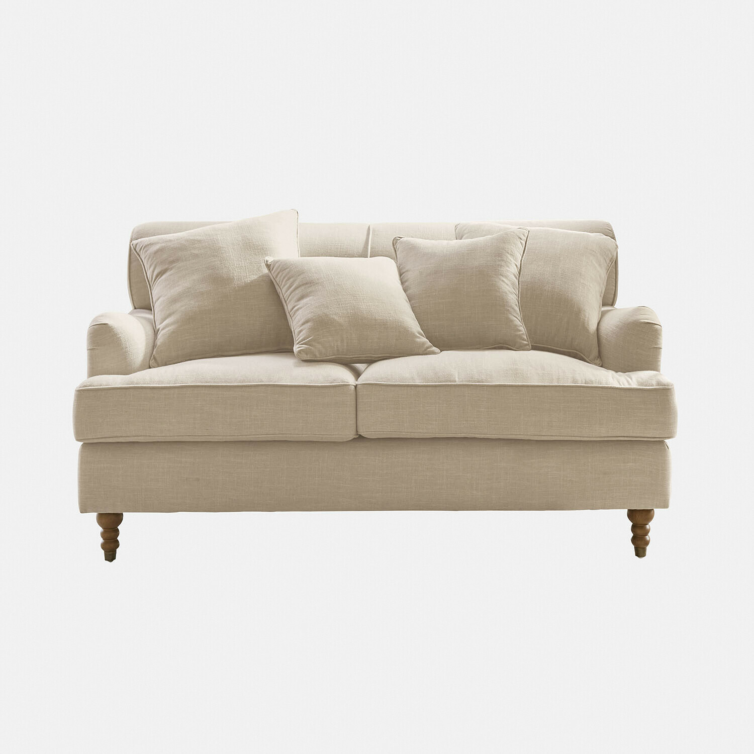 Sofa Isa aus beigem Leinen mit Kissen und Holzbeinen, bequemes Wohnzimmermöbel