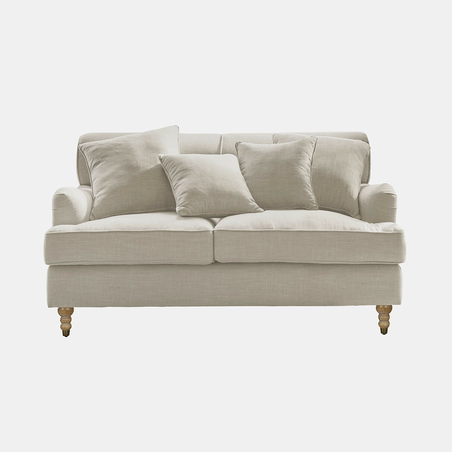 leinen Sofa Isa aus beigem Leinen mit Kissen und Holzbeinen, bequemes Wohnzimmermöbel