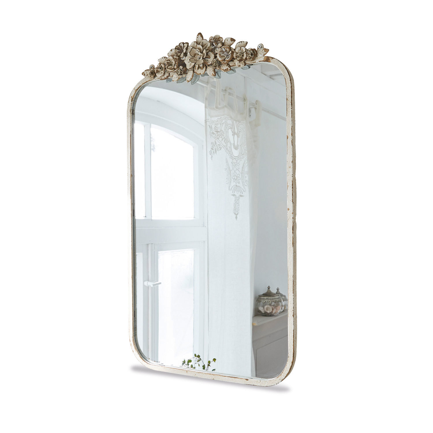 Spiegel Veilleures Wandspiegel mit weißem, antik wirkendem Rahmen und Blumenverzierung im Vintage-Stil