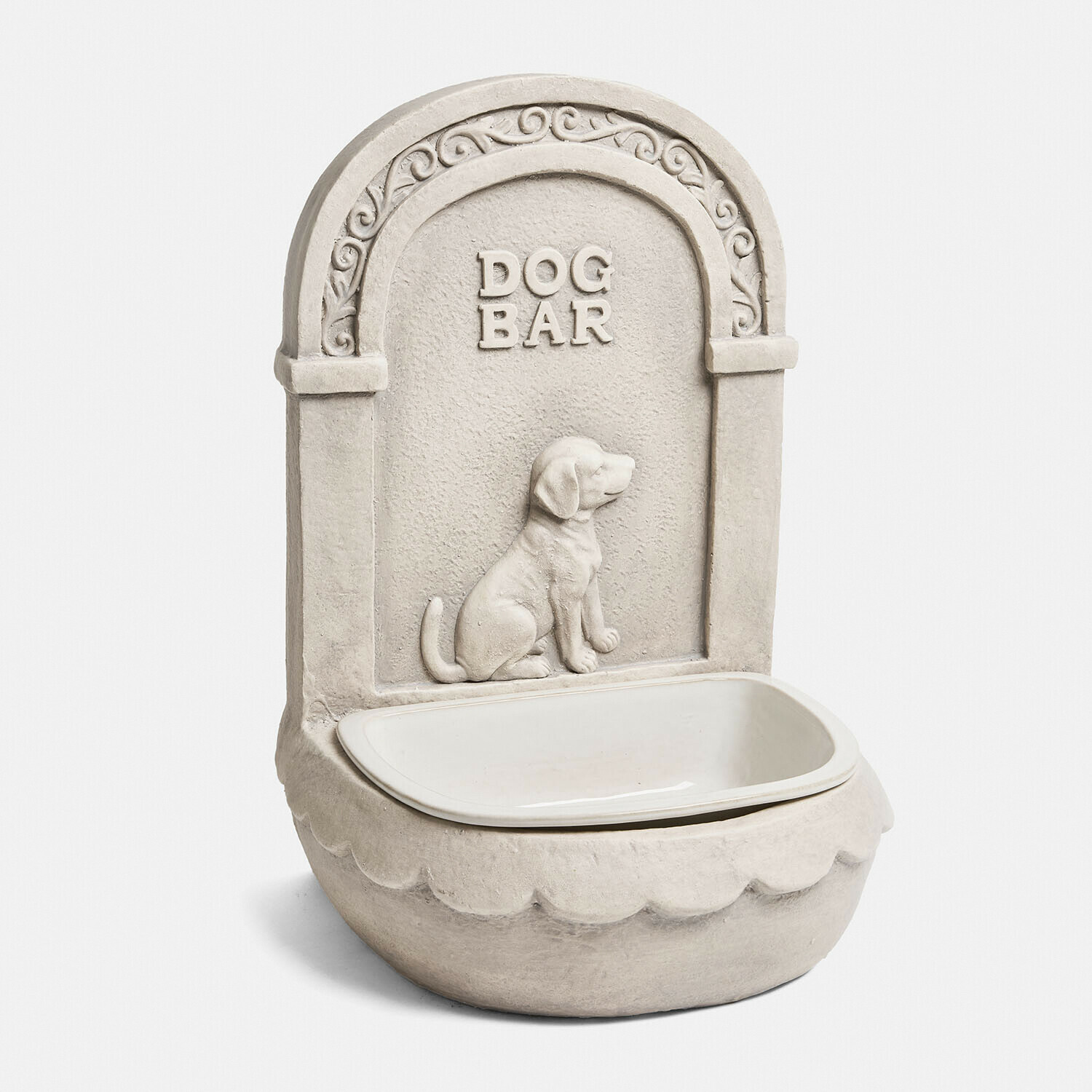 Helle Steinhundetränke mit DOG BAR Schriftzug und Hundrelief, Keramiknapf für Hunde