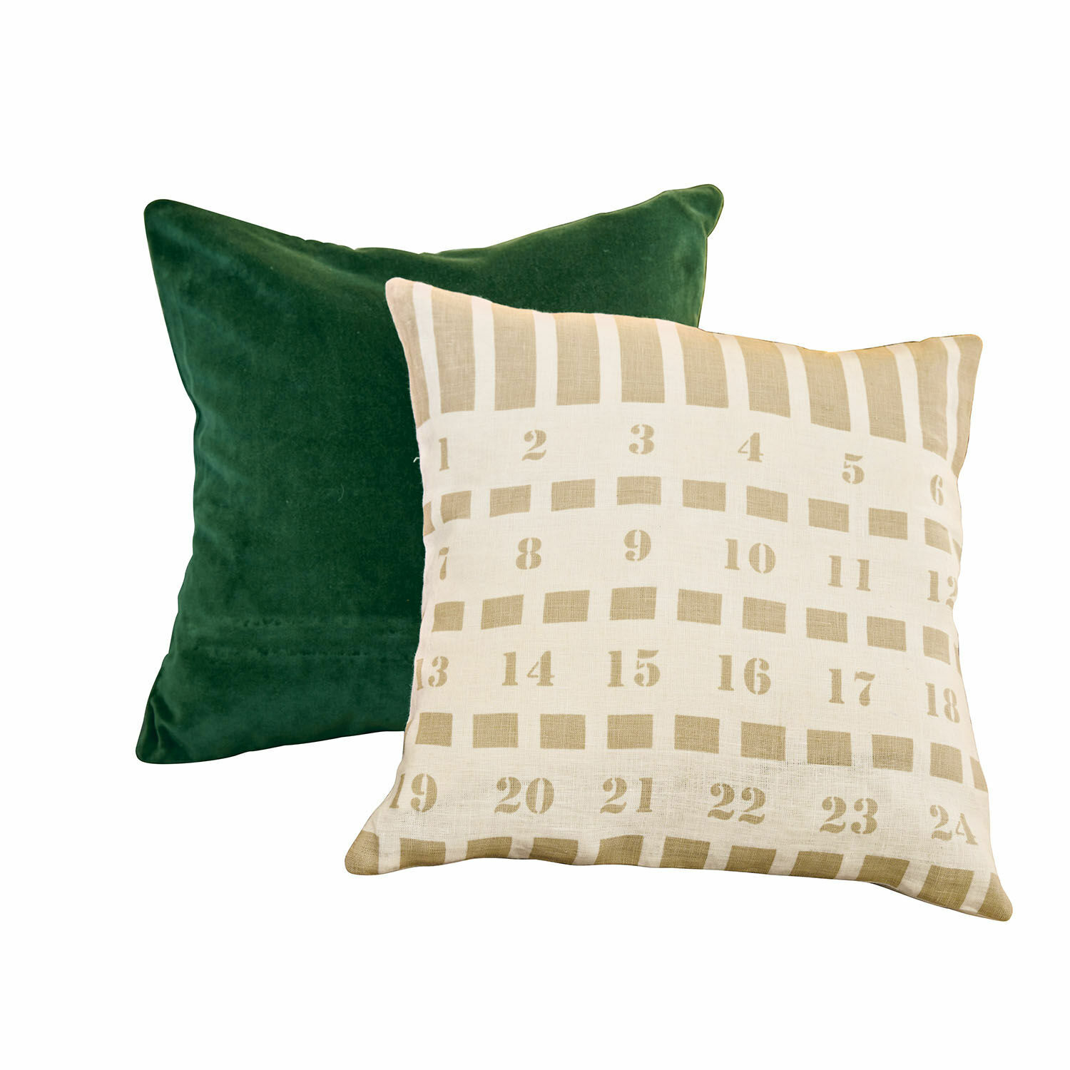 Set aus zwei dekorativen Kissen aus Leinen und Samt in Grün und Beige mit Zahlenmuster