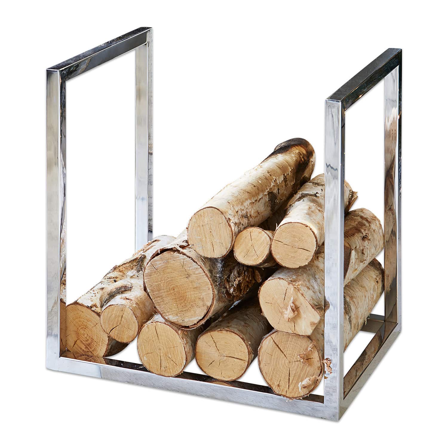 Moderner Kaminholzständer aus Edelstahl mit naturbelassenen Holzscheiten