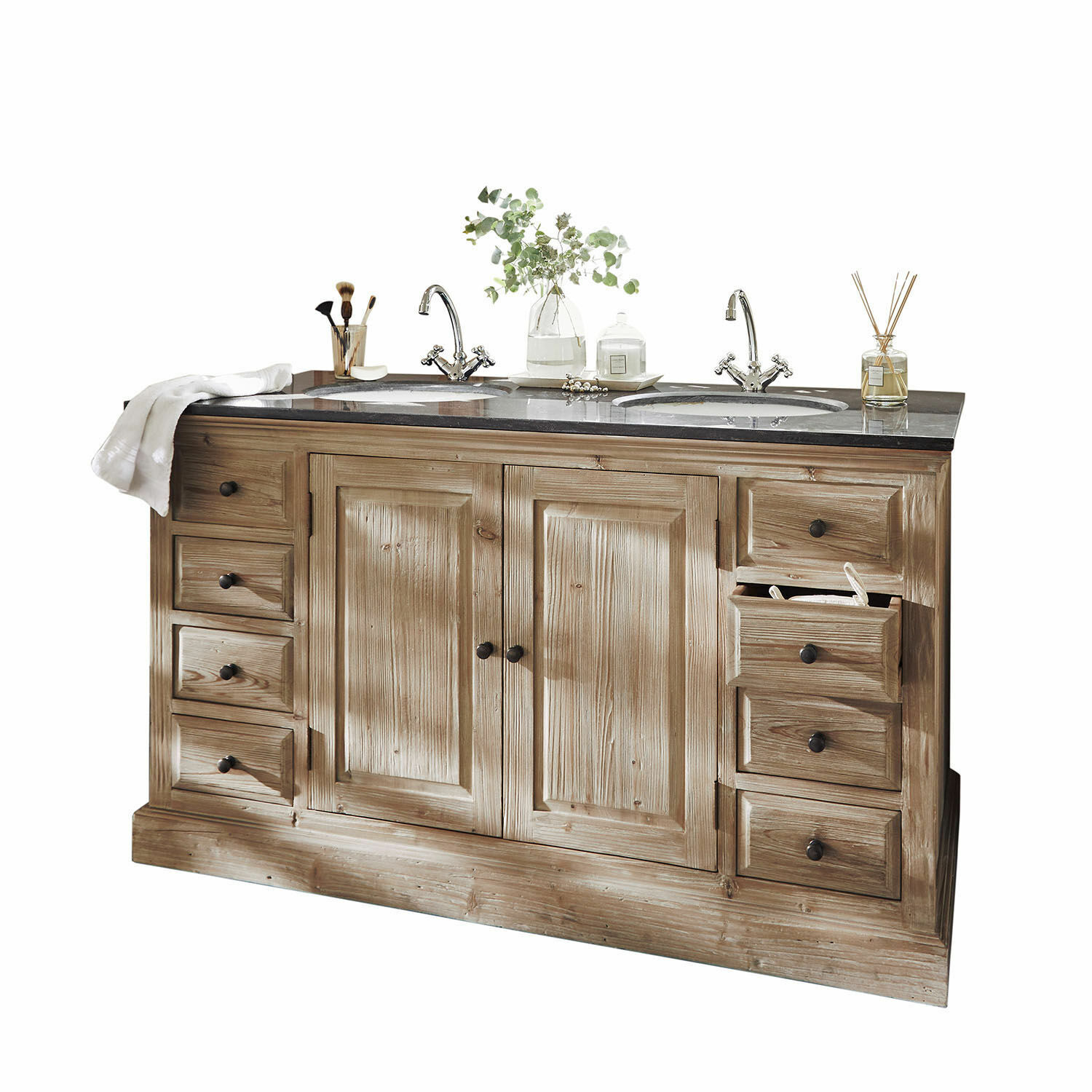 Holz-Badezimmerschrank mit schwarzer Marmorplatte und zwei verchromten Wasserhähnen