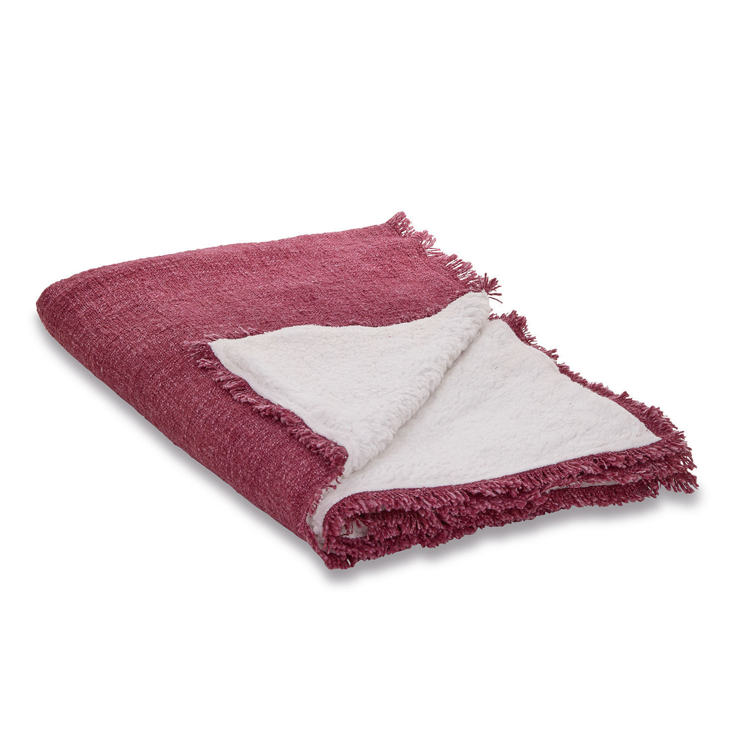 Warme Kuscheldecke aus weichem Material in Bordeaux mit weißem Futter und Fransen