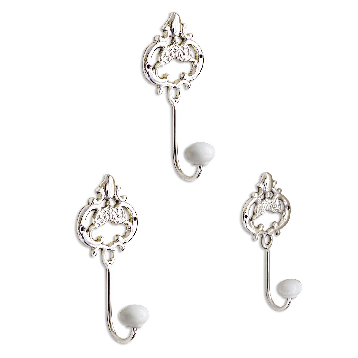 Set aus drei dekorativen Wandhaken mit weißem Keramikknauf und Metallrahmen