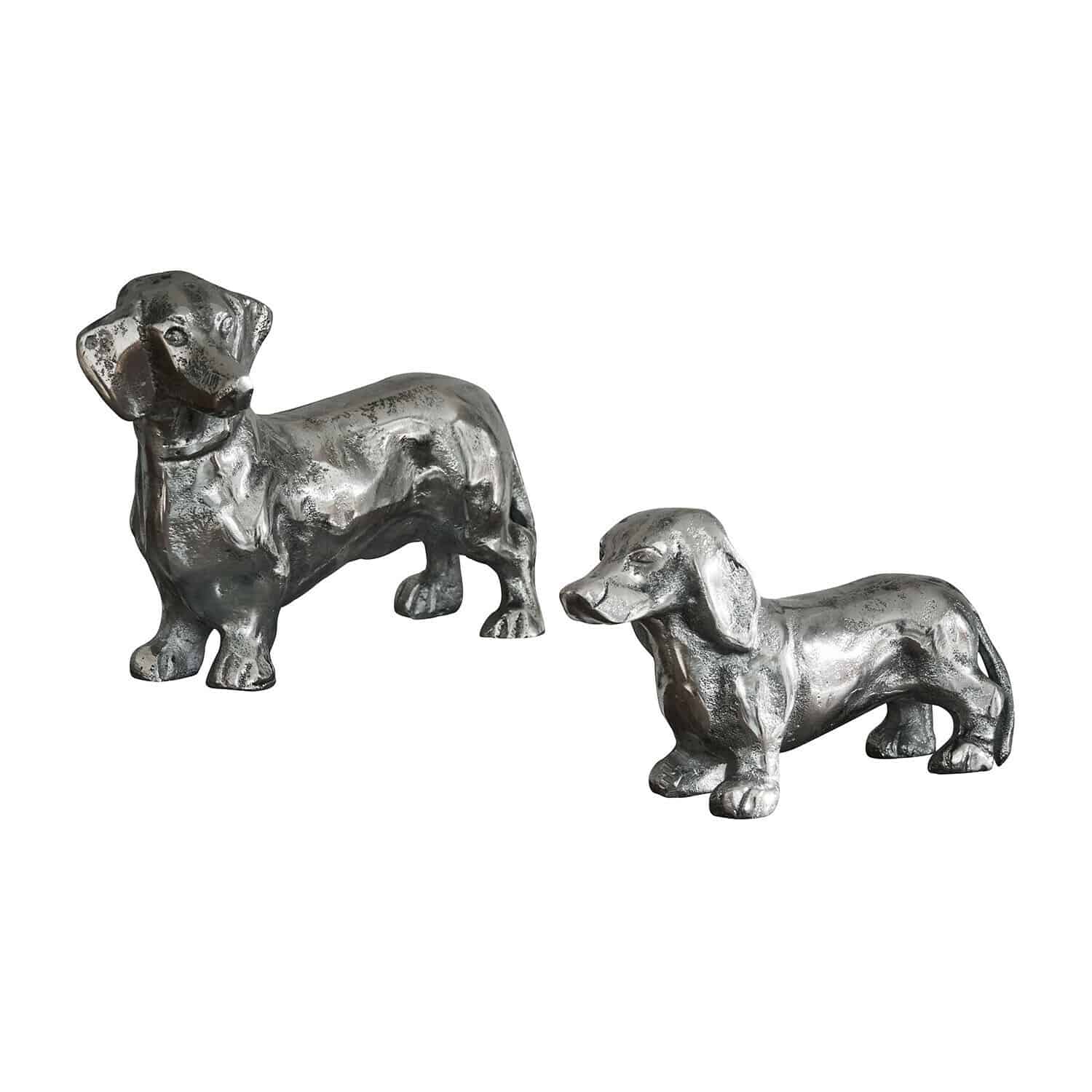 Deko-Hund 2er Set Calwen Zwei silberne Dackel-Figuren aus Metall, Innendekoration mit Hundemotiv, Tischdekoration