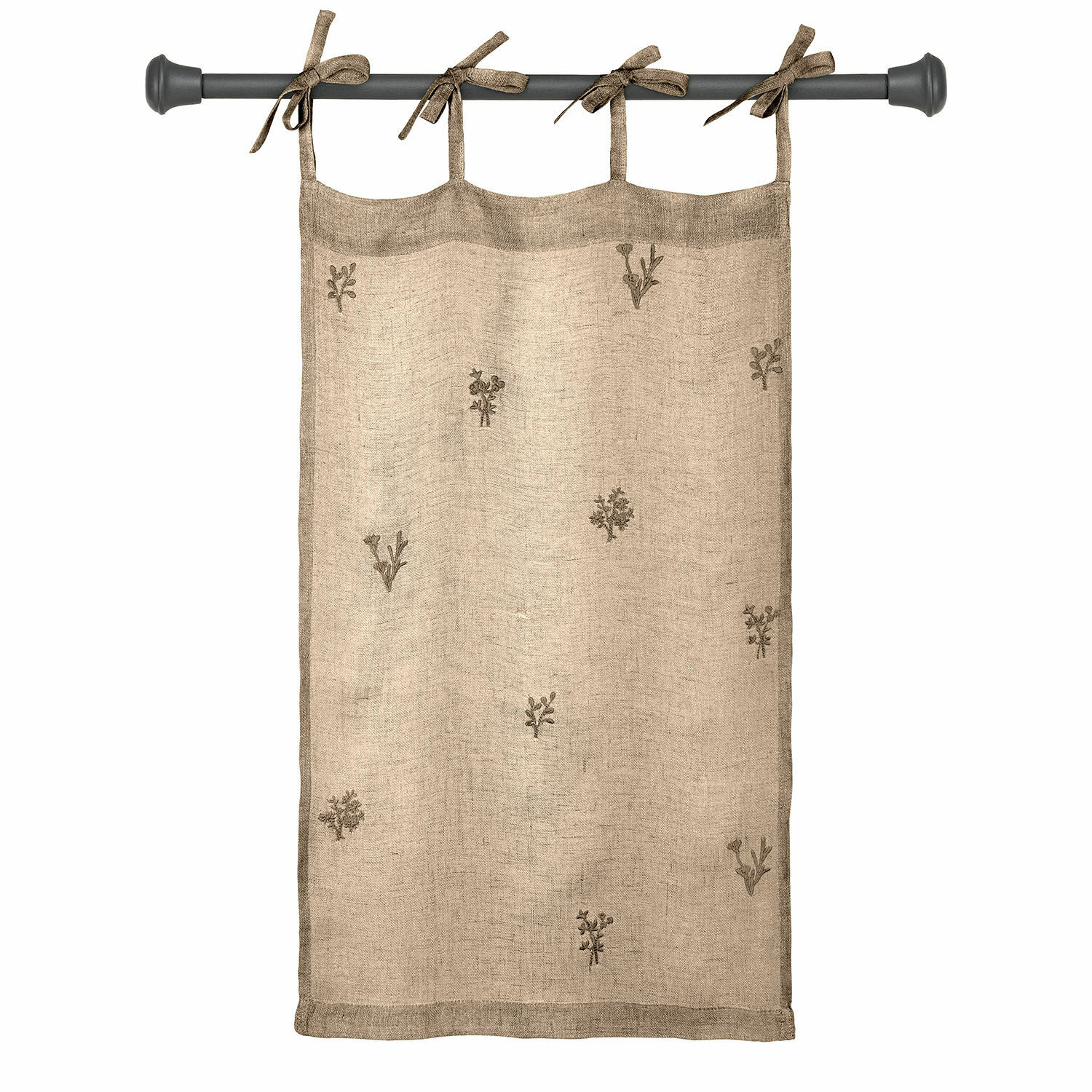 Scheibengardine Arceline Beige Leinenvorhang mit braunen Blumenstickereien und Schlaufen zum Aufhängen