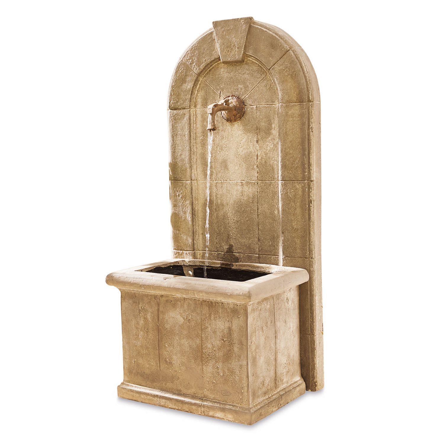 Brunnen Ginette Dekorativer Wandbrunnen aus beigem Stein mit Metallhahn und fließendem Wasser