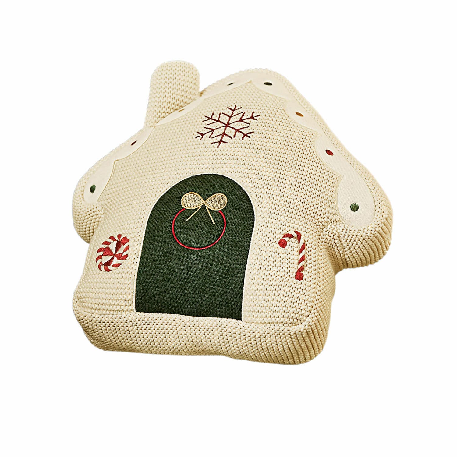 Stoff-Lebkuchenhaus Skavari Beiges Kissen in Hausform mit grünem Eingang und weihnachtlichen Strickmotiven als Dekoartikel