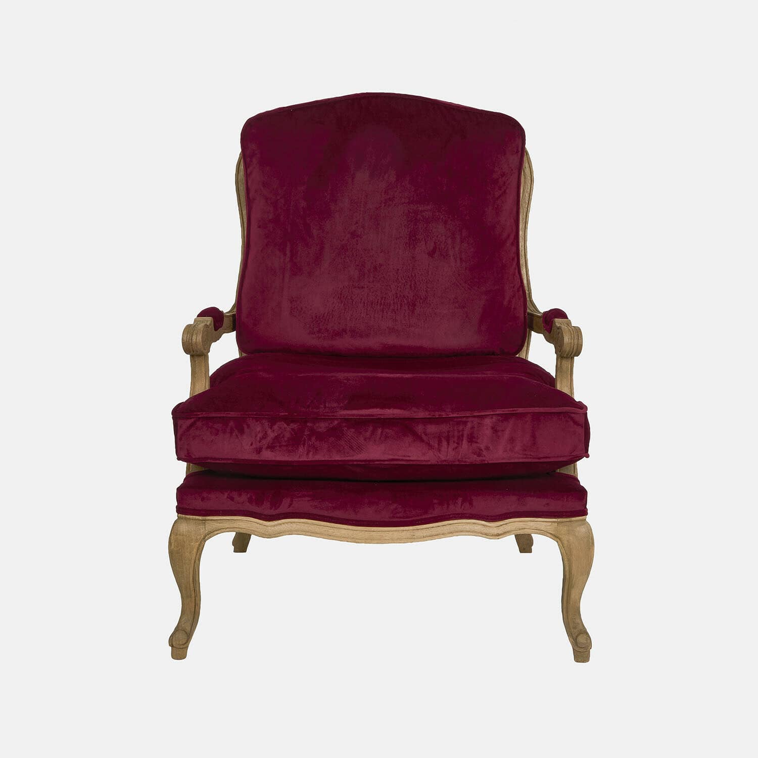 Sessel Corlay mit bordeauxrotem Samtbezug und braunem Holzrahmen, eleganter Polstersessel