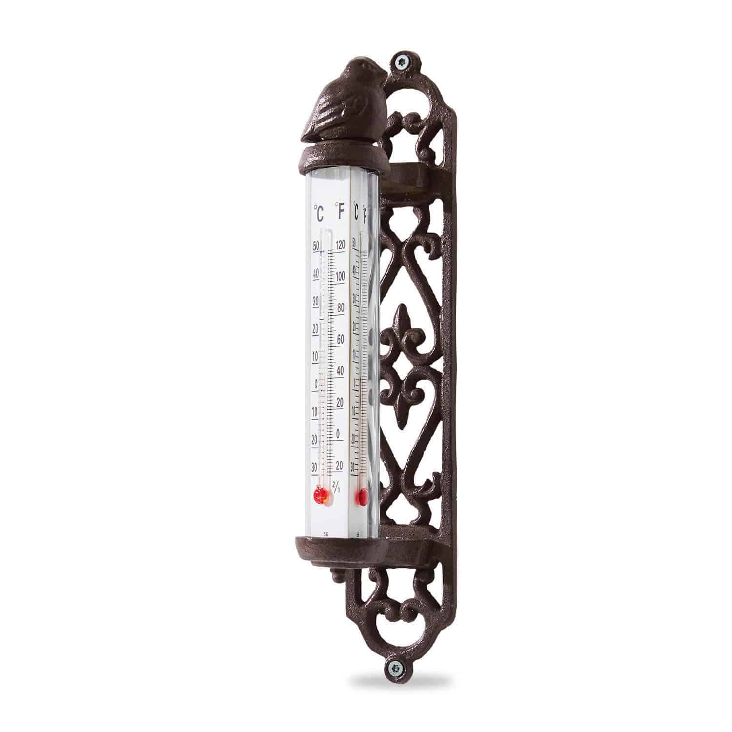 Thermometer Binyamin Dekorativer brauner Guss-Thermometer mit Vogelmotiv und doppelter Temperaturskala