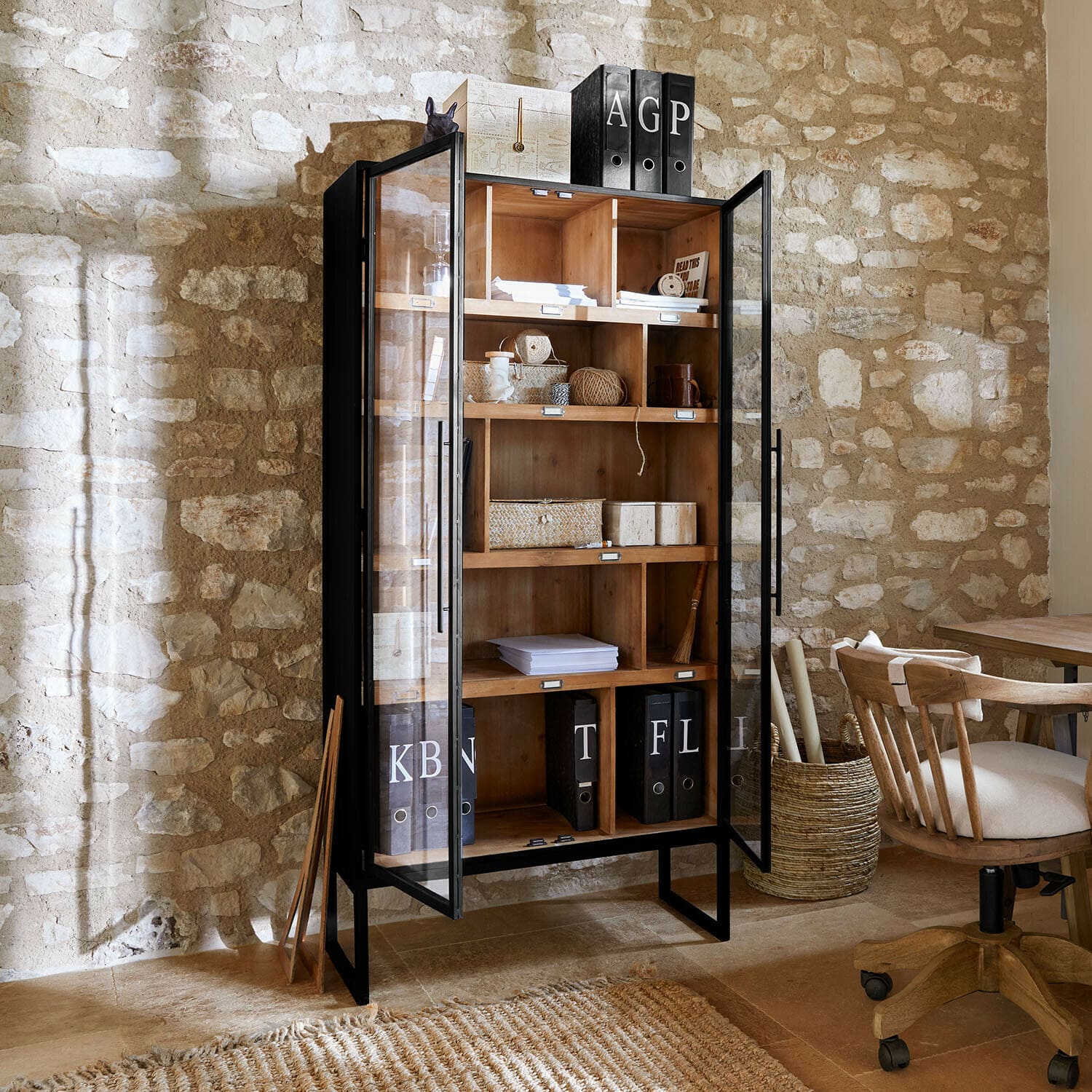 Holz-Metall-Vitrine mit Glastüren, ideal zur Aufbewahrung von Akten und Dekorationen