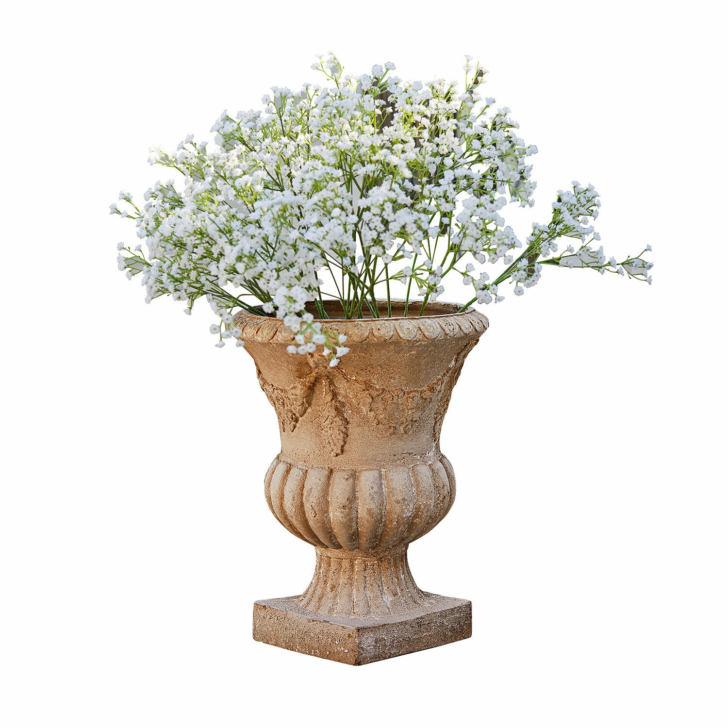Beige Steingefäß mit weißen Blumen, dekorative Pflanzvase für Garten und Wohnraum