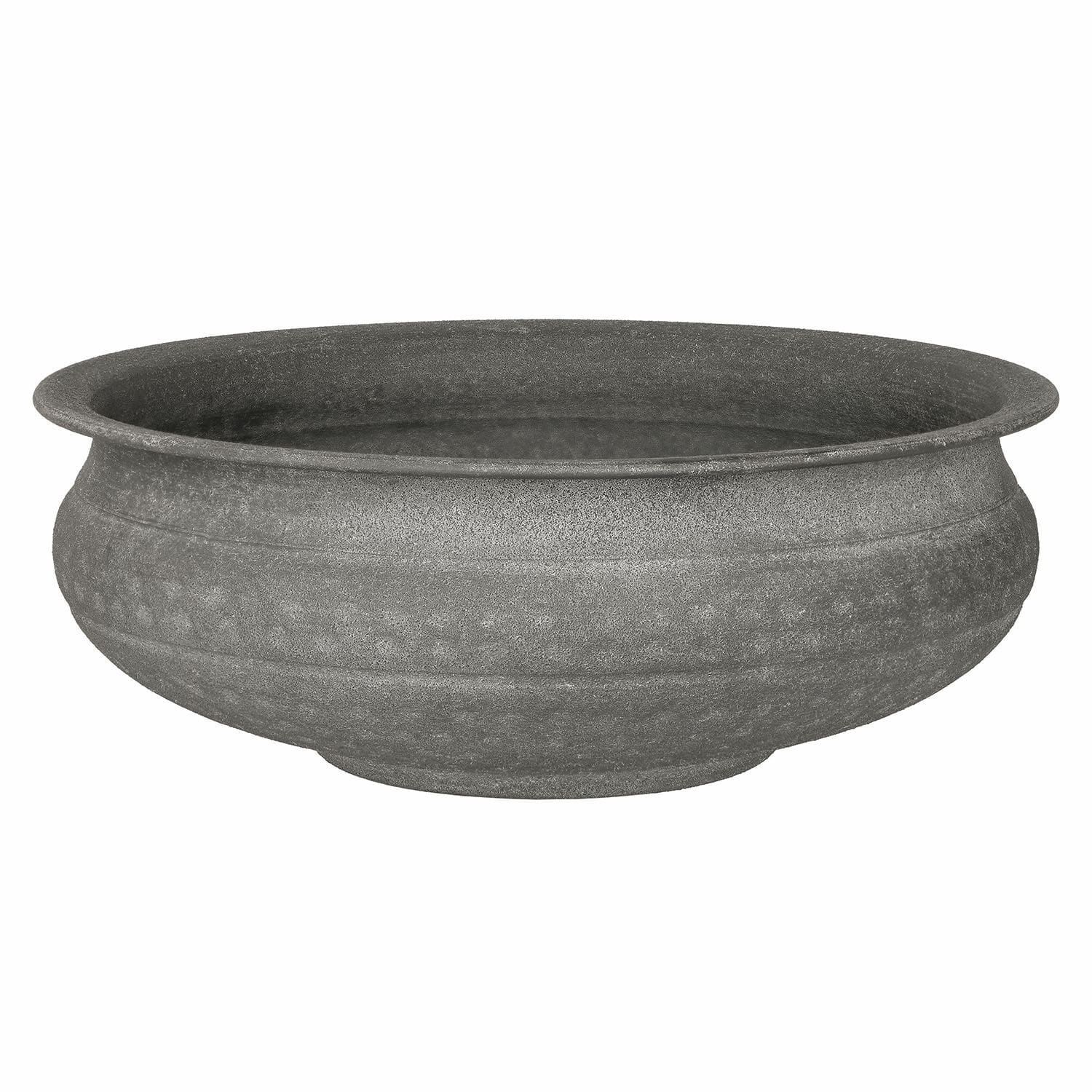 Runde Schale aus grauem Stein mit rustikalem Look, ideal für Gartendekoration