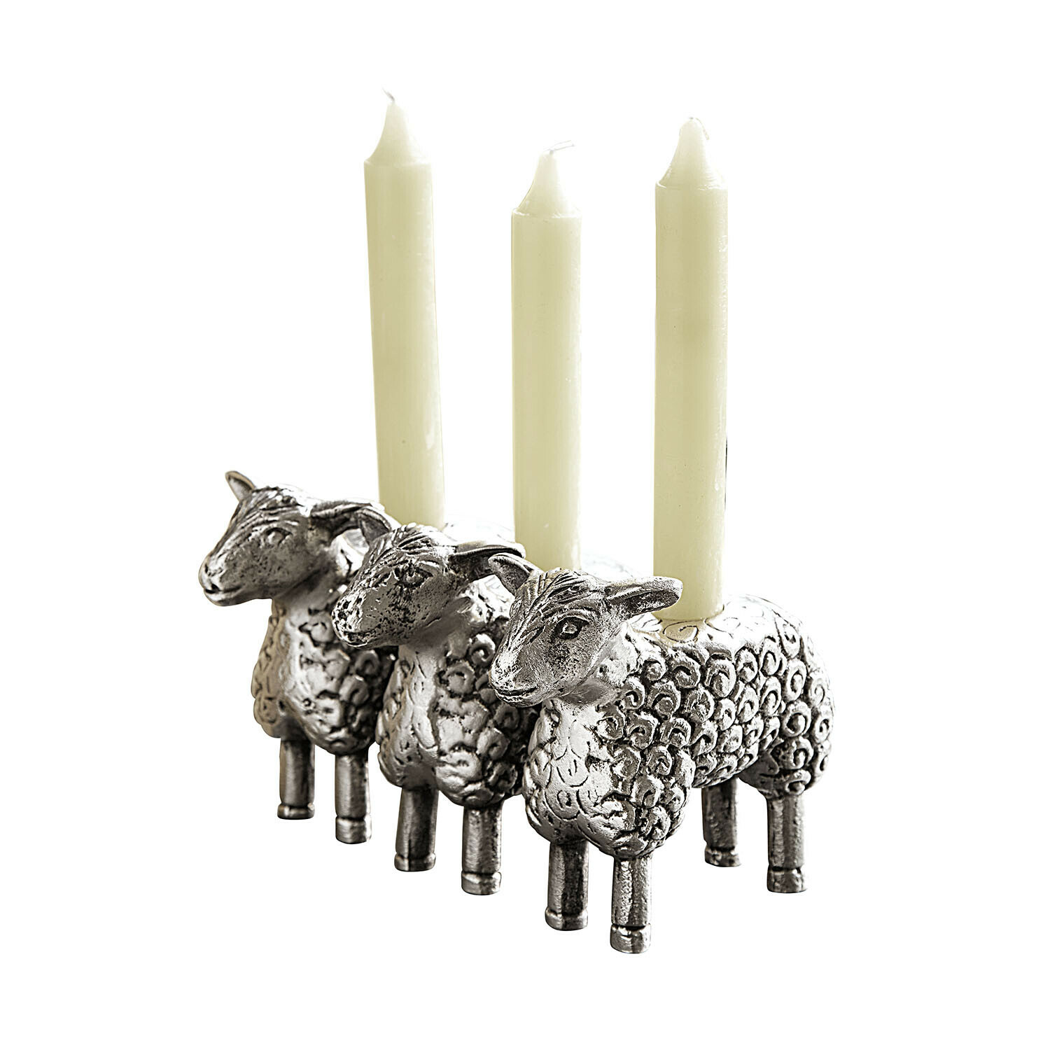 Metall-Kerzenhalter in Form von drei Schafen mit weißen Kerzen, dekoratives Wohnaccessoire