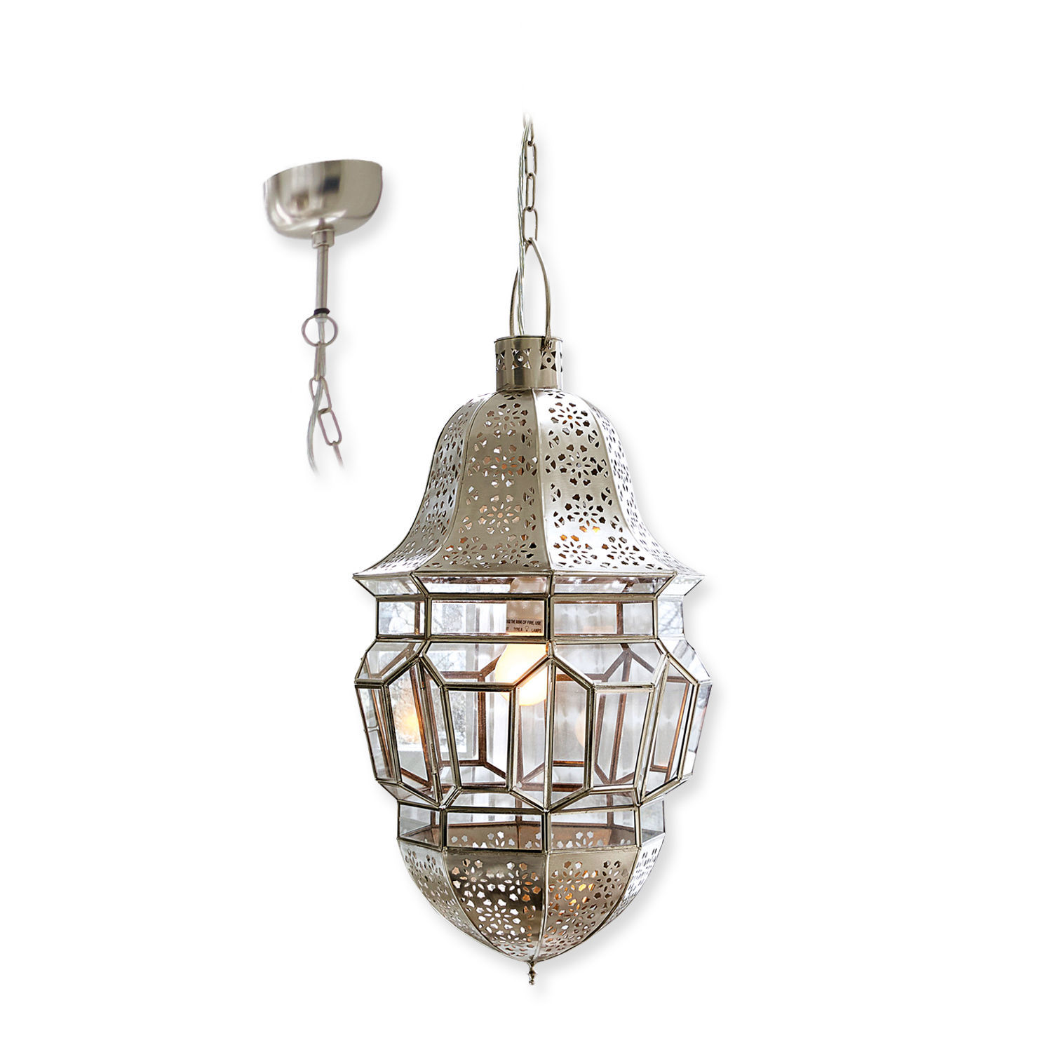 Hängelampe aus Metall und Glas in Silber mit filigranem Muster und Aufhängungskette