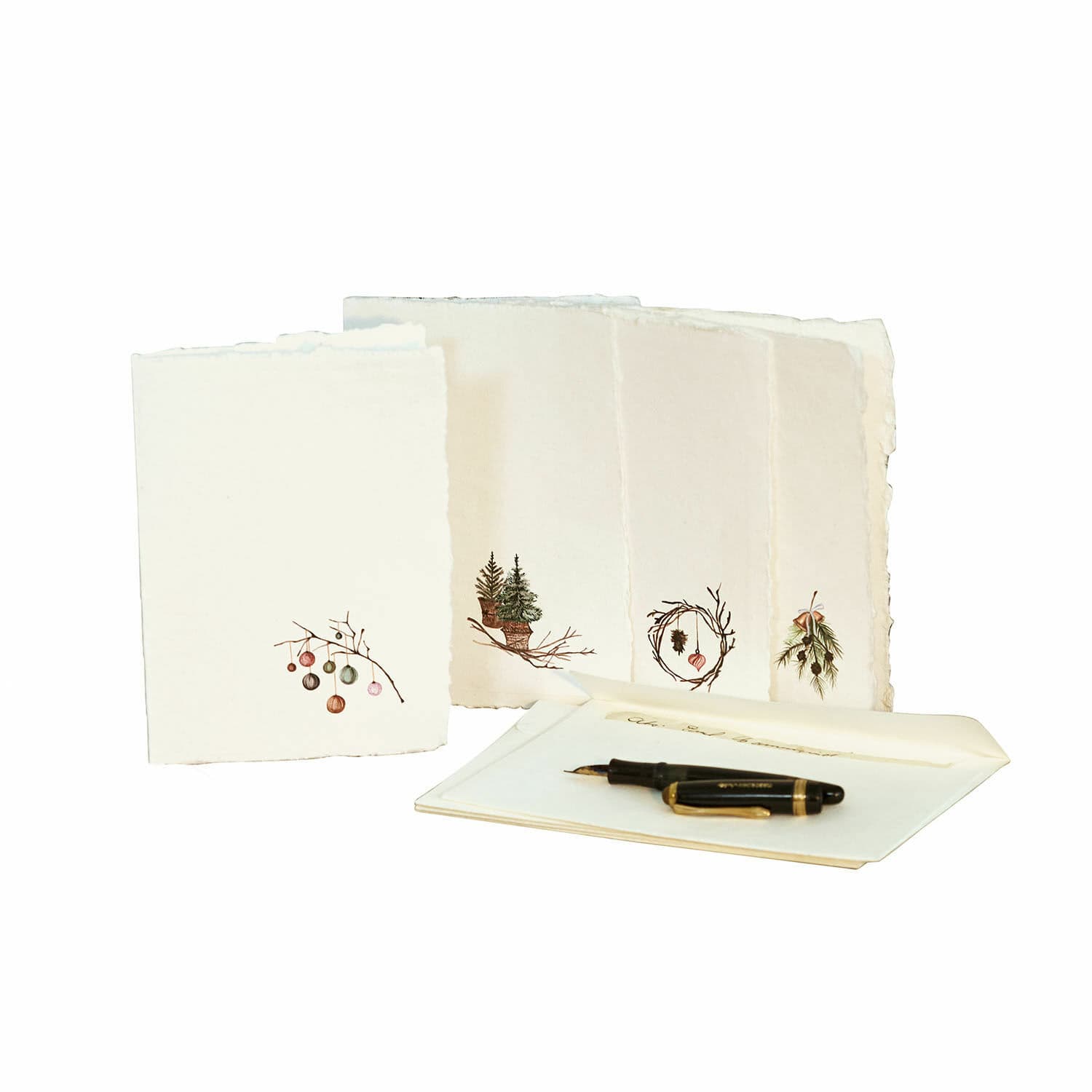 Grußkarte 4er Set Velorine Set aus Naturpapier-Grußkarten mit Pflanzenmotiven und schwarzem Füllfederhalter zum Schreiben