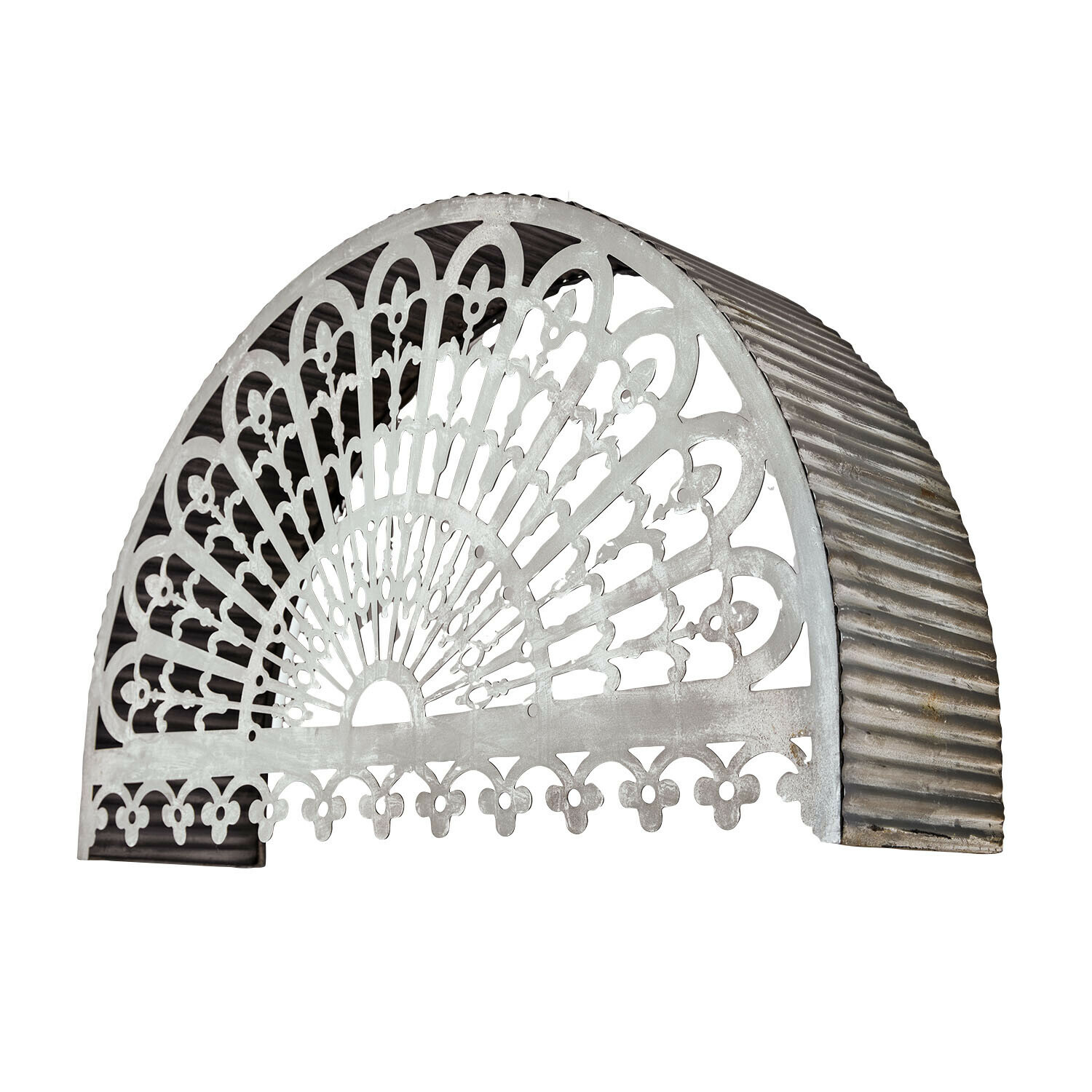 Halbrunde Metallwanddekoration mit filigranem Muster in Grau, Wand- oder Gartendekor