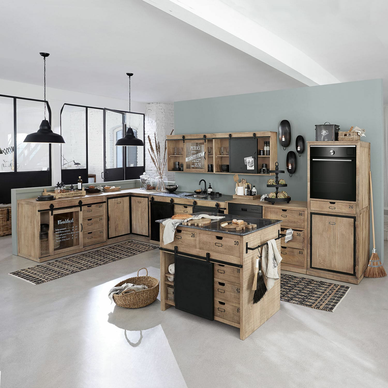 Küche 5er Set Oakland Geräumige Küche mit hellen Holzmöbeln und schwarzen Metallakzenten im modernen Industrie-Stil