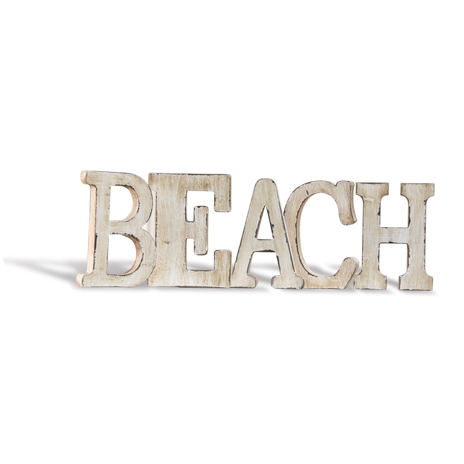 Dekorativer Schriftzug BEACH aus weißem, antik wirkendem Holz für Wohn- und Gartenbereich