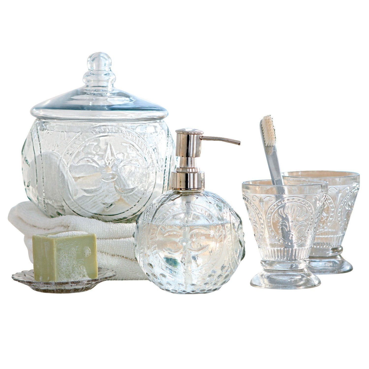 Bad-Set Luton Glas-Badezimmer-Set mit Spender und Vorratsglas in klarem Design mit dekorativem Muster