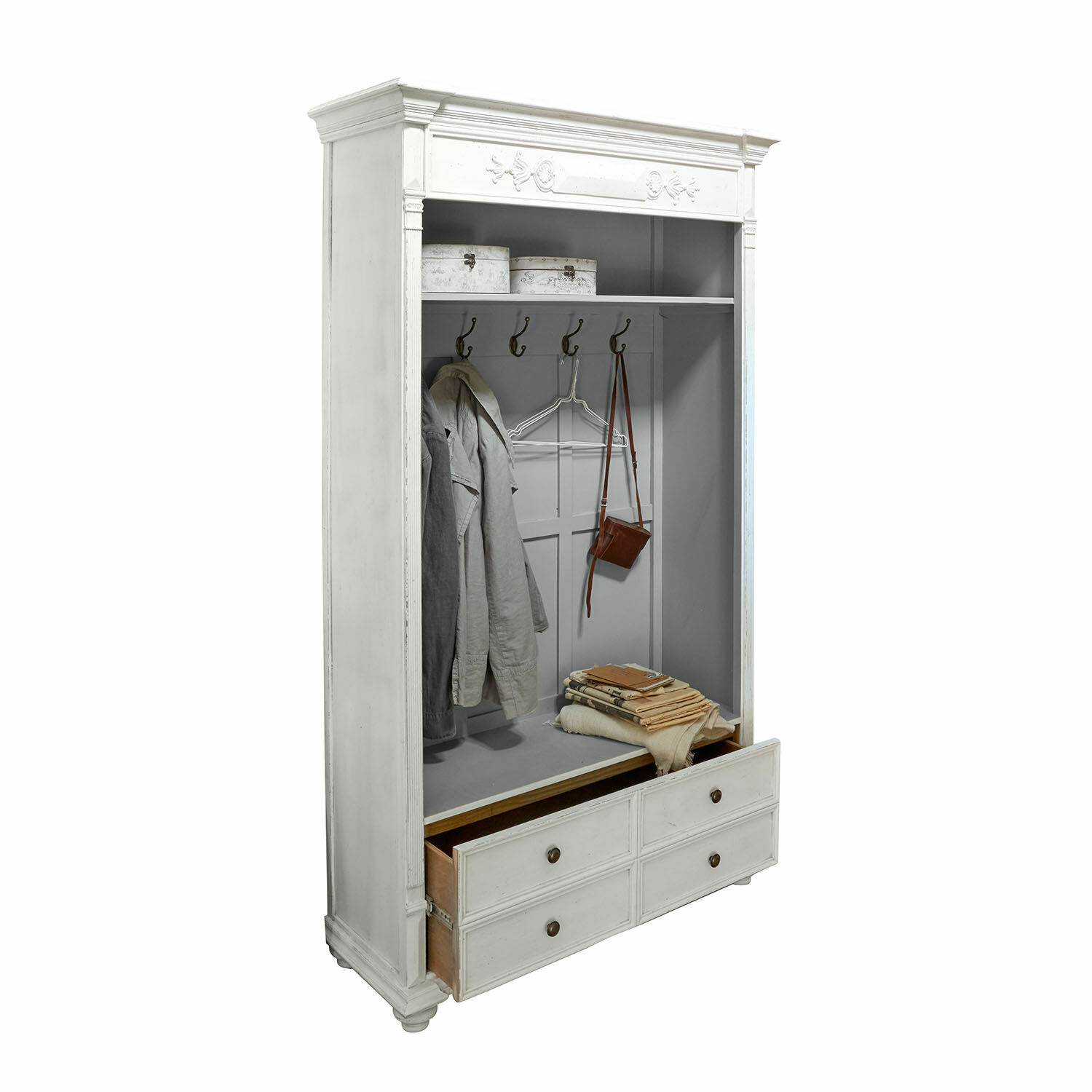 Weiße Holz-Garderobenschrank mit Haken und Schubladen zur Aufbewahrung von Kleidung und Accessoires