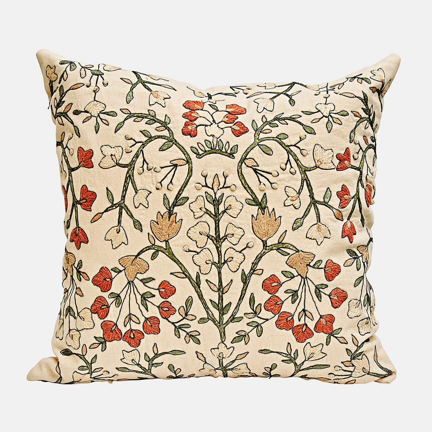 Beige Baumwollkissen mit grüner und roter Blumenstickerei, dekoratives Kissen für Wohnzimmer