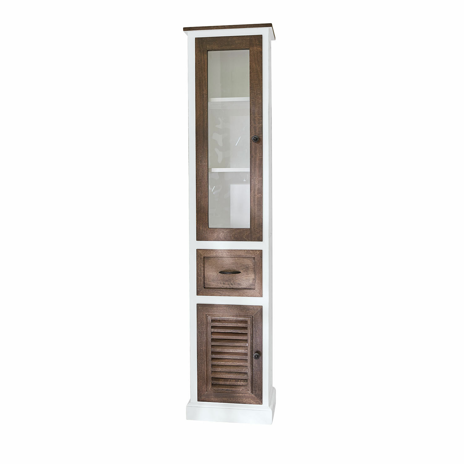 Schmale Holzvitrine in Weiß und Braun mit Glastür und Schublade für vielseitige Aufbewahrung