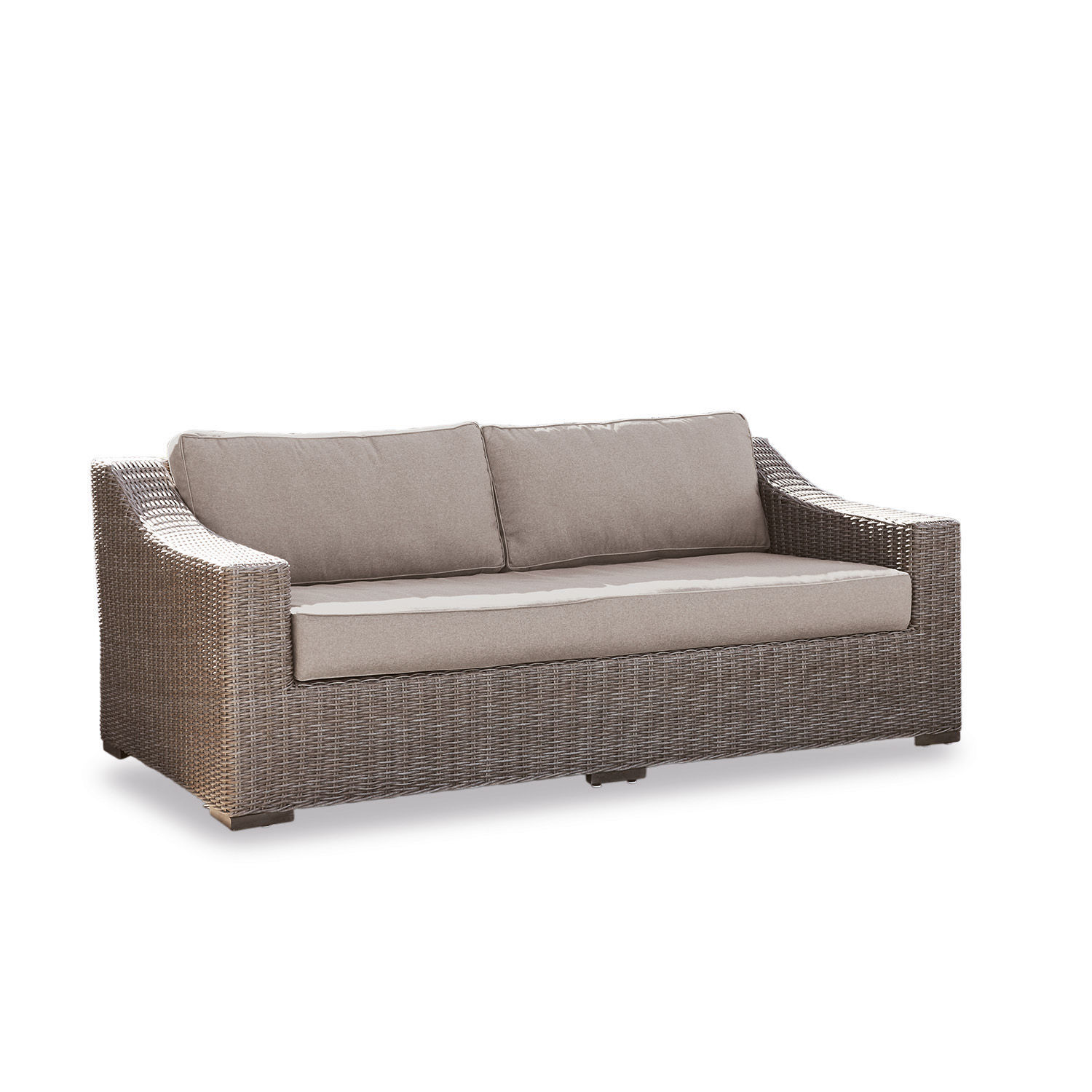 Braunes Rattan-Sofa mit beigen Polstern, komfortables Gartenmöbel für Terrasse