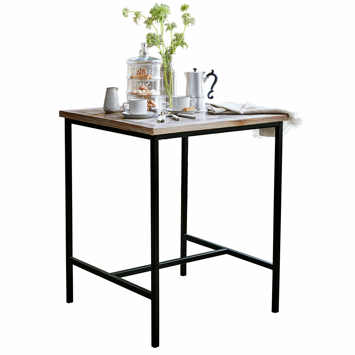Quadratischer Bartisch mit Holzplatte und schwarzem Metallgestell im modernen Industrie-Design